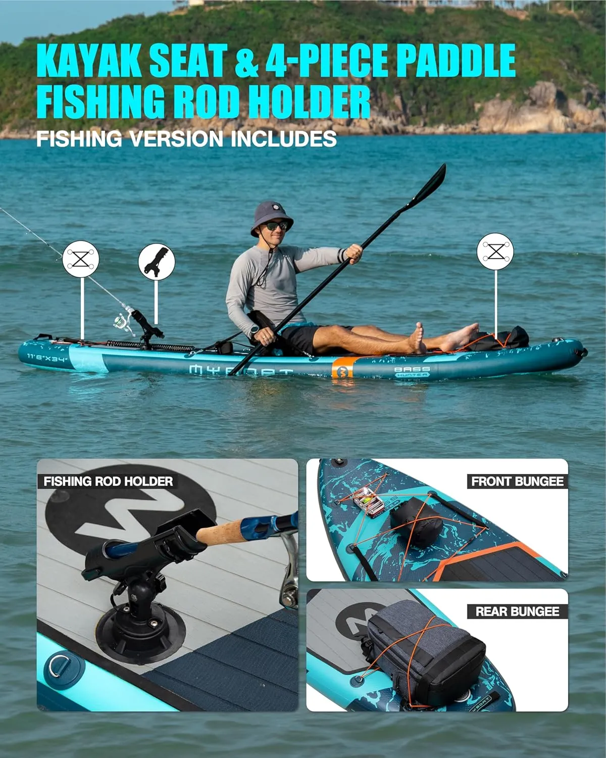 11'6"34"6" Extra Wide Inflatable Paddle Board, Stand Up Paddle Board for Fishing, Sup Board with 3 Removable Fins, Dual Bungees, Camera Mount, Hand Pump, Strong Paddle, 5L Dry Bag, Leash