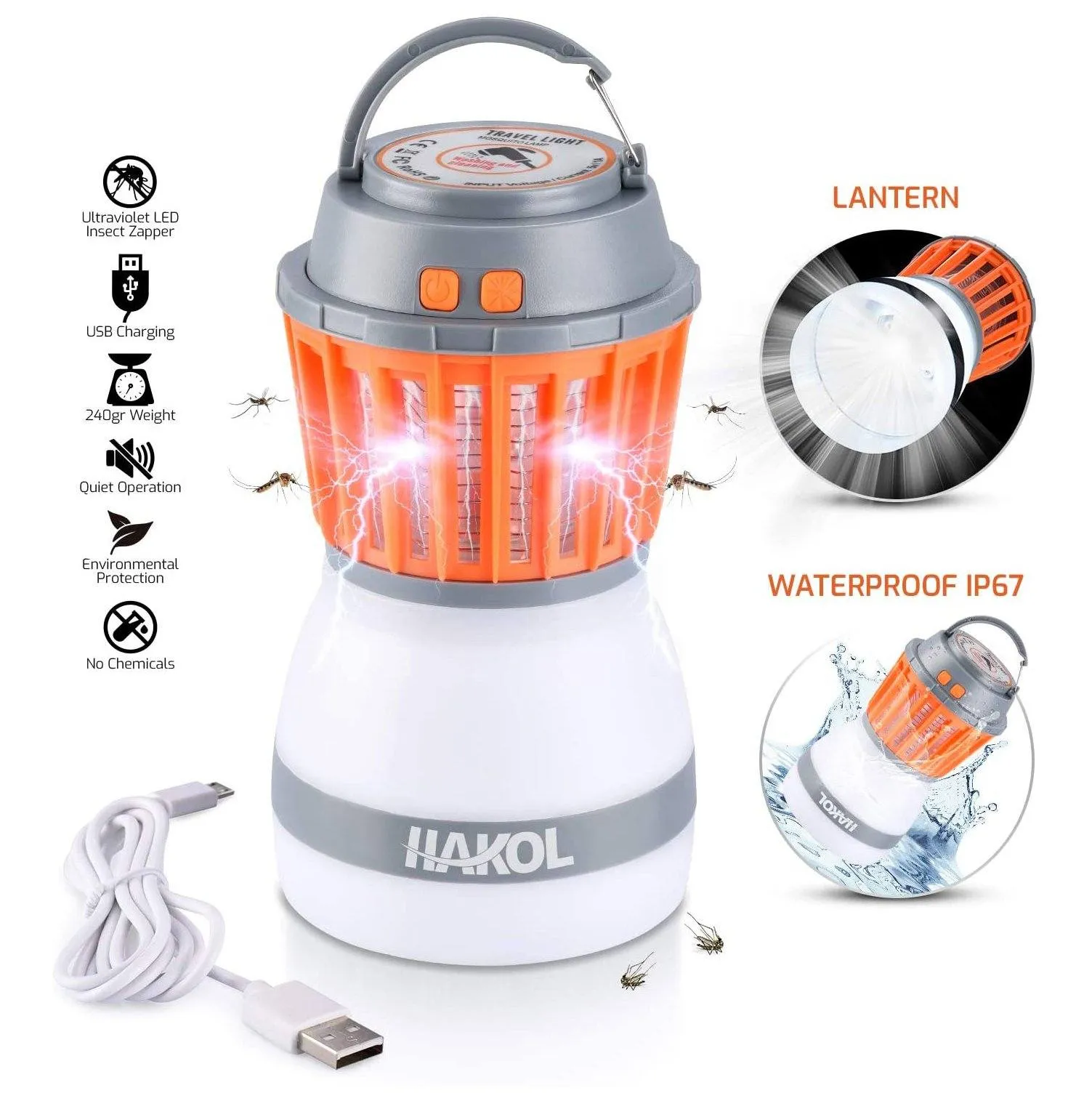 2-in-1 HAKOL Waterproof IP67 Portable fly-rechargeable Anti-Insect Fly Killing Lamp