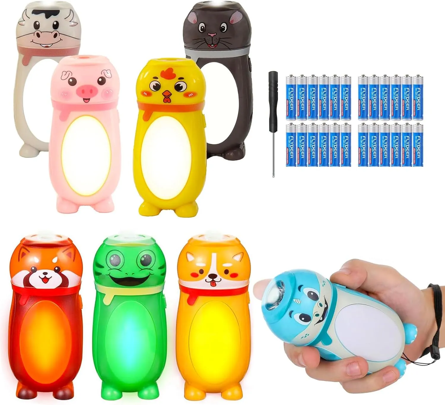 8 Pack Small Mini LED Flashlights for Kids- Cute Animal Flashlight Bulk- 2 in 1 Lantern Flashlight - Christmas Gifts Stocking Stuffers for Boys Girls (Style 3 Colorful)