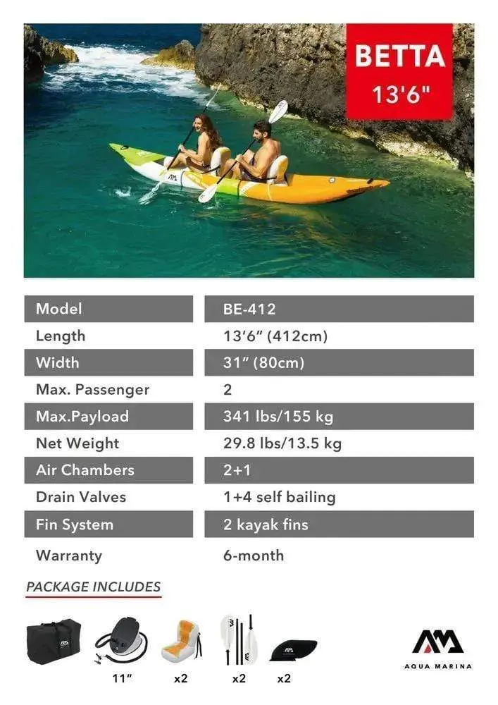 Aqua Marina - Betta-412 Leisure Kayak-2 person. Inflatable deck. Kayak paddle set included.