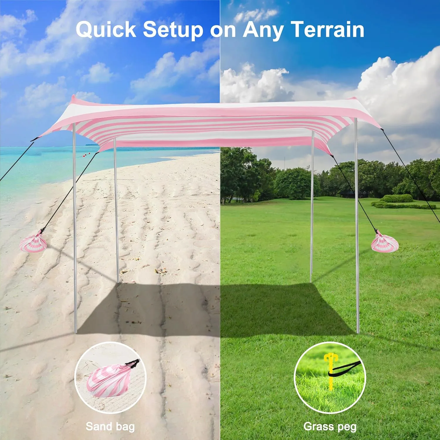 Beach Tent Canopy, UPF 50  UV Protection Beach Sun Shade, Portable 1010 FT Large Pop-Up Tent Sun Shelter with Sand Anchors, Ground Pegs, Easy Setup for Camping, Park, and Backyard Fun-Pink Stripe