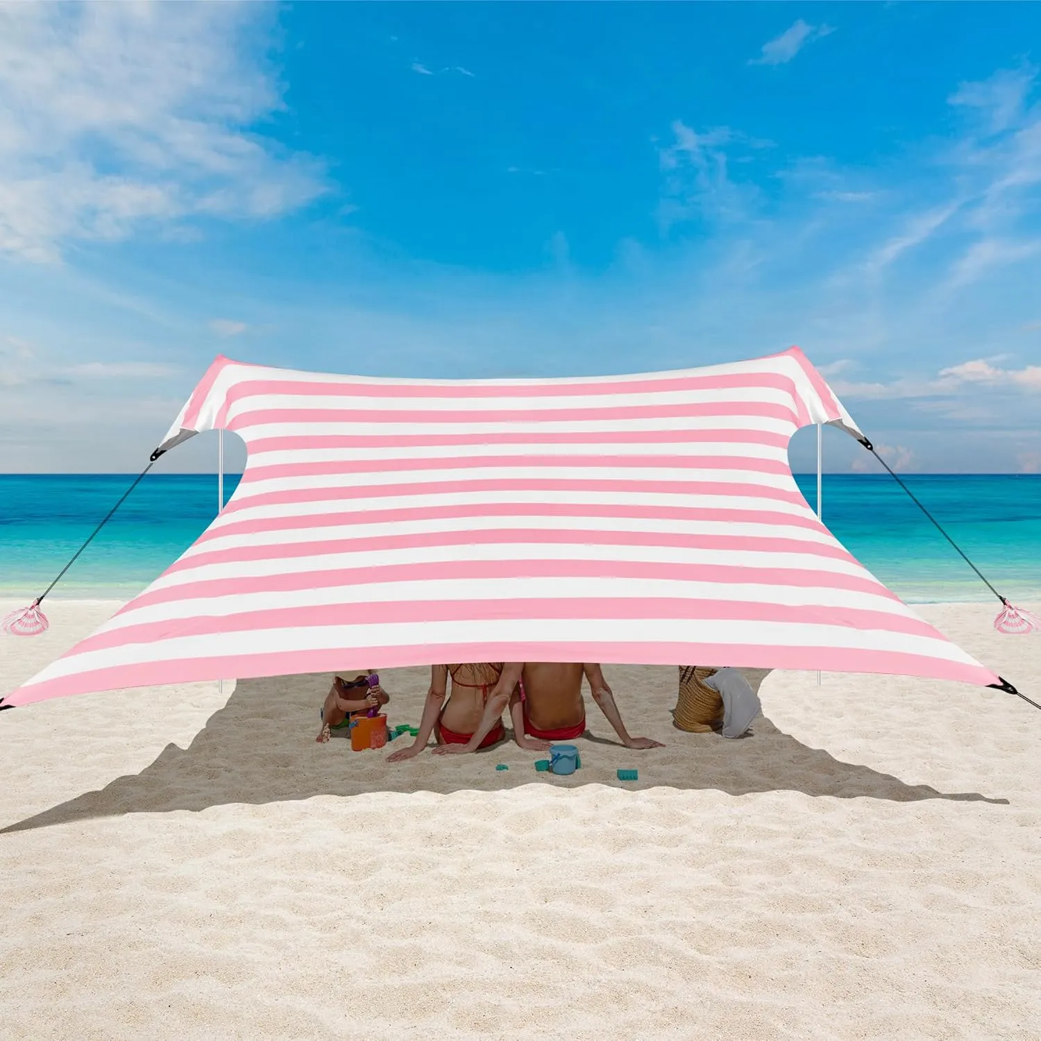Beach Tent Canopy, UPF 50  UV Protection Beach Sun Shade, Portable 1010 FT Large Pop-Up Tent Sun Shelter with Sand Anchors, Ground Pegs, Easy Setup for Camping, Park, and Backyard Fun-Pink Stripe