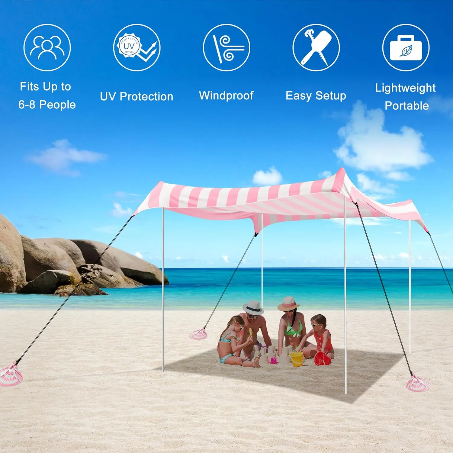 Beach Tent Canopy, UPF 50  UV Protection Beach Sun Shade, Portable 1010 FT Large Pop-Up Tent Sun Shelter with Sand Anchors, Ground Pegs, Easy Setup for Camping, Park, and Backyard Fun-Pink Stripe