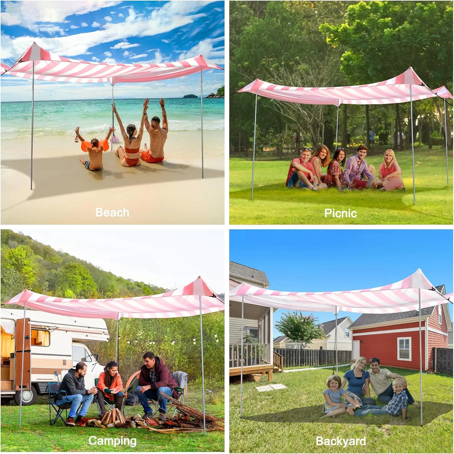 Beach Tent Canopy, UPF 50  UV Protection Beach Sun Shade, Portable 1010 FT Large Pop-Up Tent Sun Shelter with Sand Anchors, Ground Pegs, Easy Setup for Camping, Park, and Backyard Fun-Pink Stripe