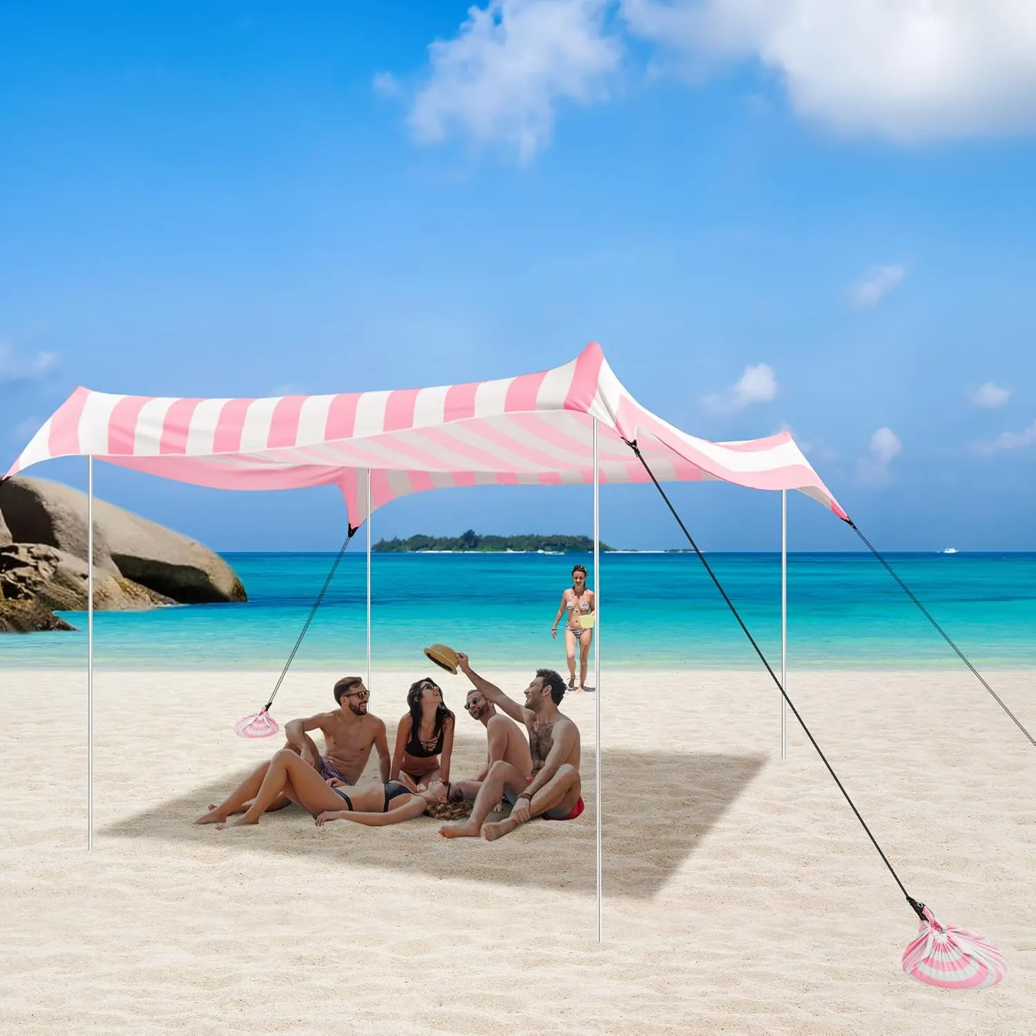 Beach Tent Canopy, UPF 50  UV Protection Beach Sun Shade, Portable 1010 FT Large Pop-Up Tent Sun Shelter with Sand Anchors, Ground Pegs, Easy Setup for Camping, Park, and Backyard Fun-Pink Stripe