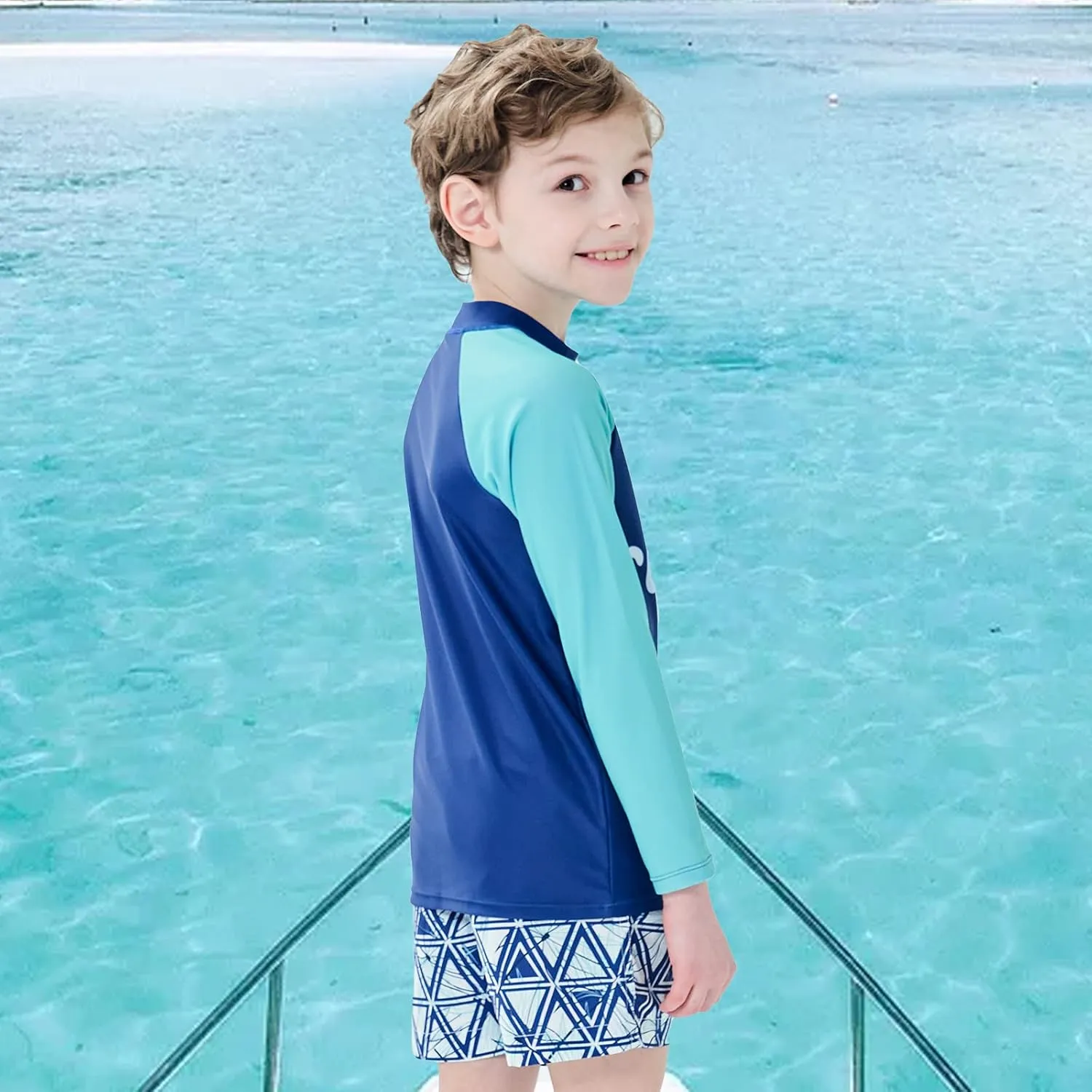 Boys Two Piece Rash Guard Swimsuits Set with Swim Trunk Kids Long Sleeve Bathing Suit Swimwear Set