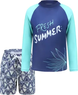 Boys Two Piece Rash Guard Swimsuits Set with Swim Trunk Kids Long Sleeve Bathing Suit Swimwear Set