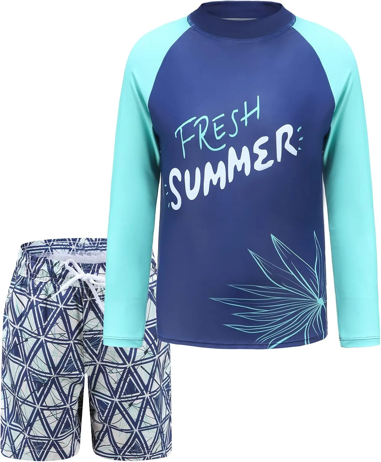 Boys Two Piece Rash Guard Swimsuits Set with Swim Trunk Kids Long Sleeve Bathing Suit Swimwear Set