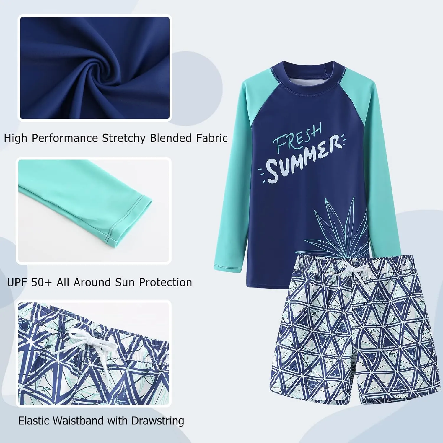 Boys Two Piece Rash Guard Swimsuits Set with Swim Trunk Kids Long Sleeve Bathing Suit Swimwear Set