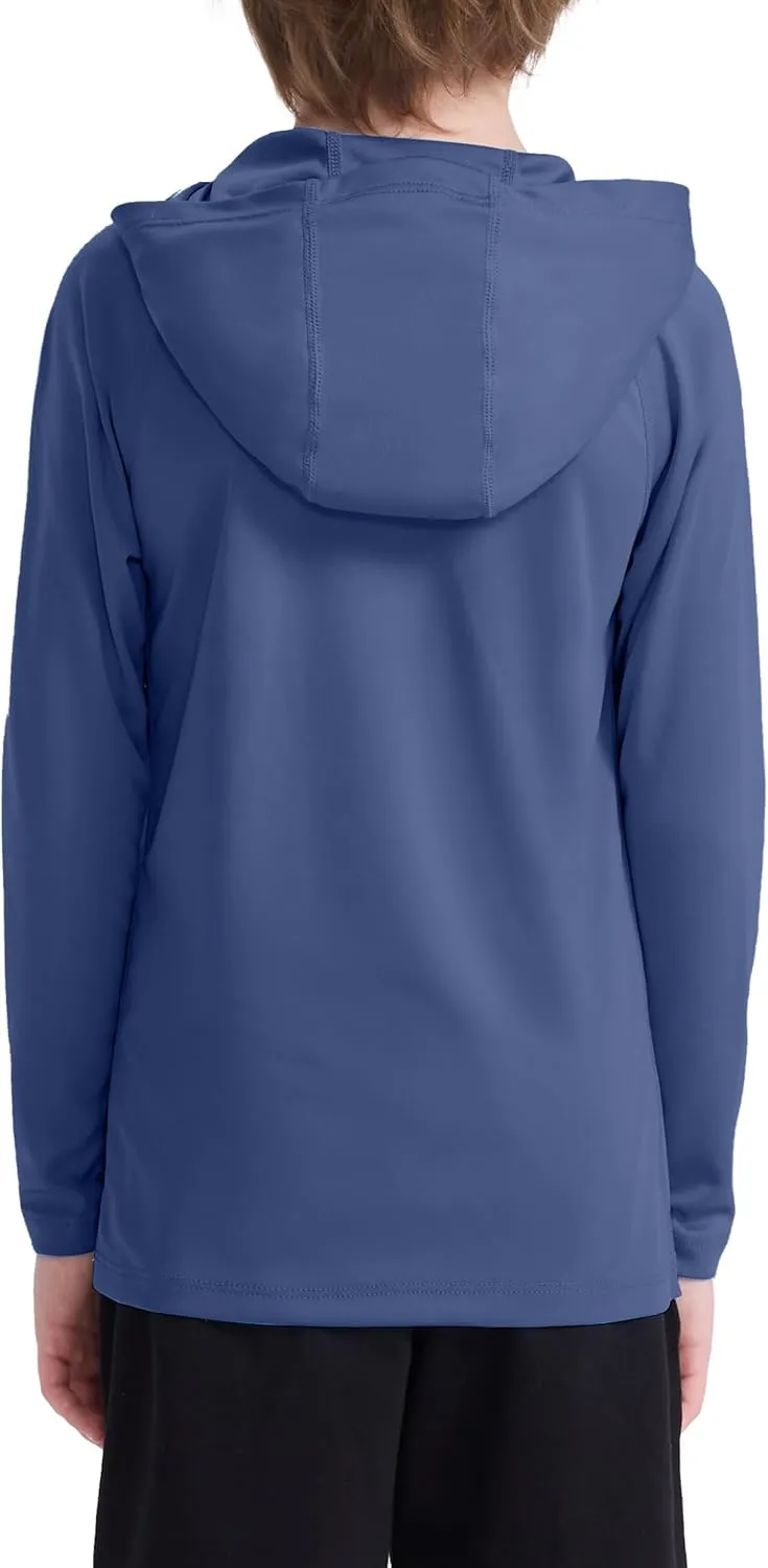 Boys' UPF 50  Rash Guard Long Sleeve, Youth Kids UV Sun Protection SPF Swim Hoodie, Girls Water Fishing Beach Hooded Shirt