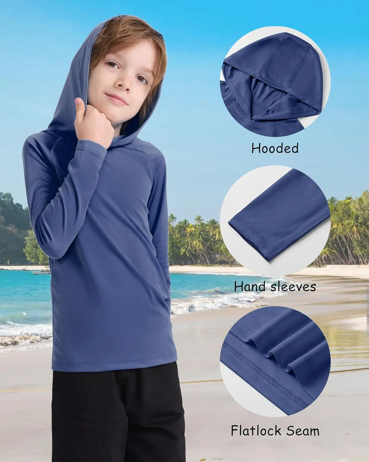 Boys' UPF 50  Rash Guard Long Sleeve, Youth Kids UV Sun Protection SPF Swim Hoodie, Girls Water Fishing Beach Hooded Shirt