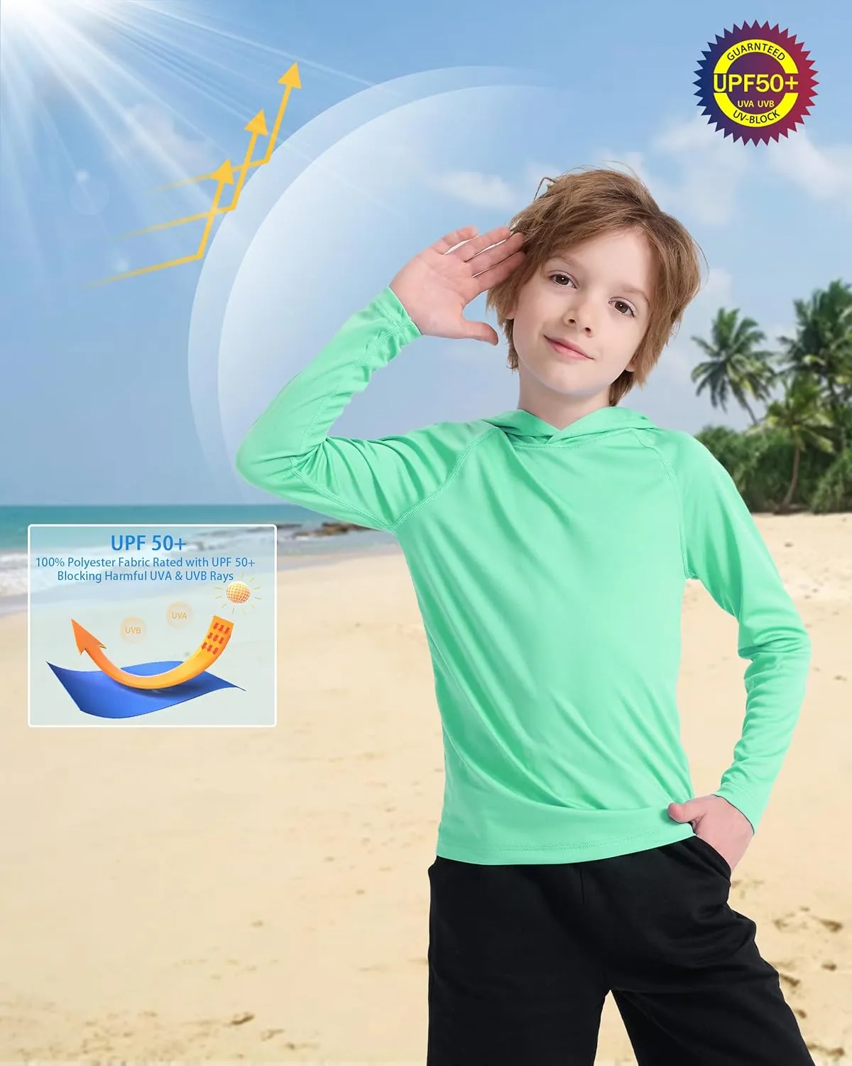 Boys' UPF 50  Rash Guard Long Sleeve, Youth Kids UV Sun Protection SPF Swim Hoodie, Girls Water Fishing Beach Hooded Shirt