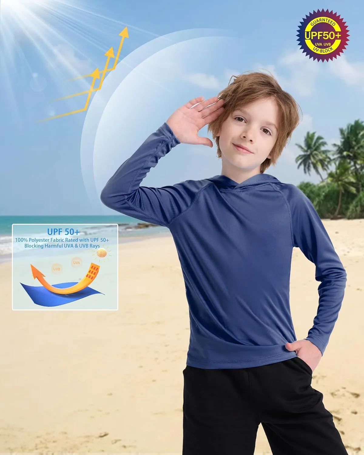 Boys' UPF 50  Rash Guard Long Sleeve, Youth Kids UV Sun Protection SPF Swim Hoodie, Girls Water Fishing Beach Hooded Shirt