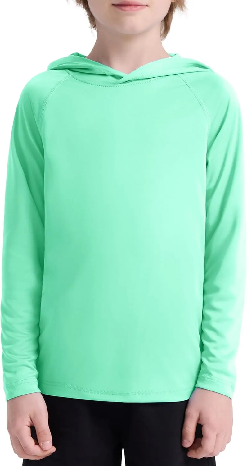 Boys' UPF 50  Rash Guard Long Sleeve, Youth Kids UV Sun Protection SPF Swim Hoodie, Girls Water Fishing Beach Hooded Shirt