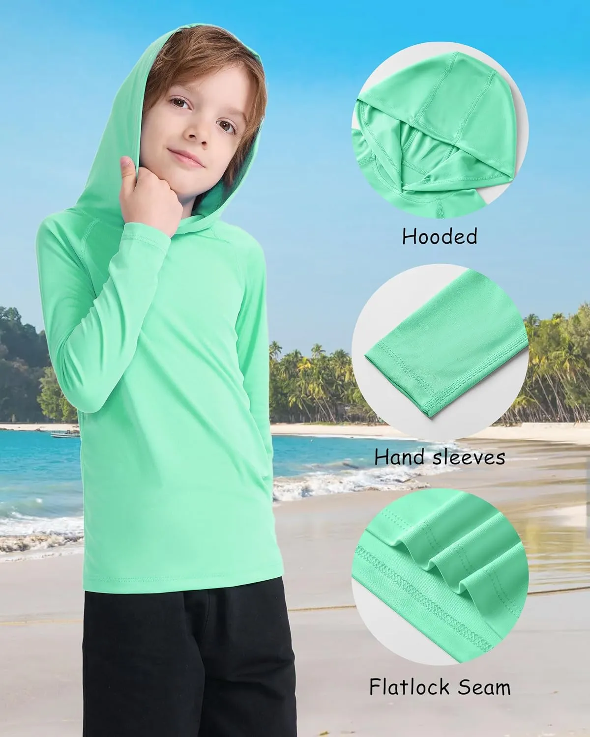 Boys' UPF 50  Rash Guard Long Sleeve, Youth Kids UV Sun Protection SPF Swim Hoodie, Girls Water Fishing Beach Hooded Shirt