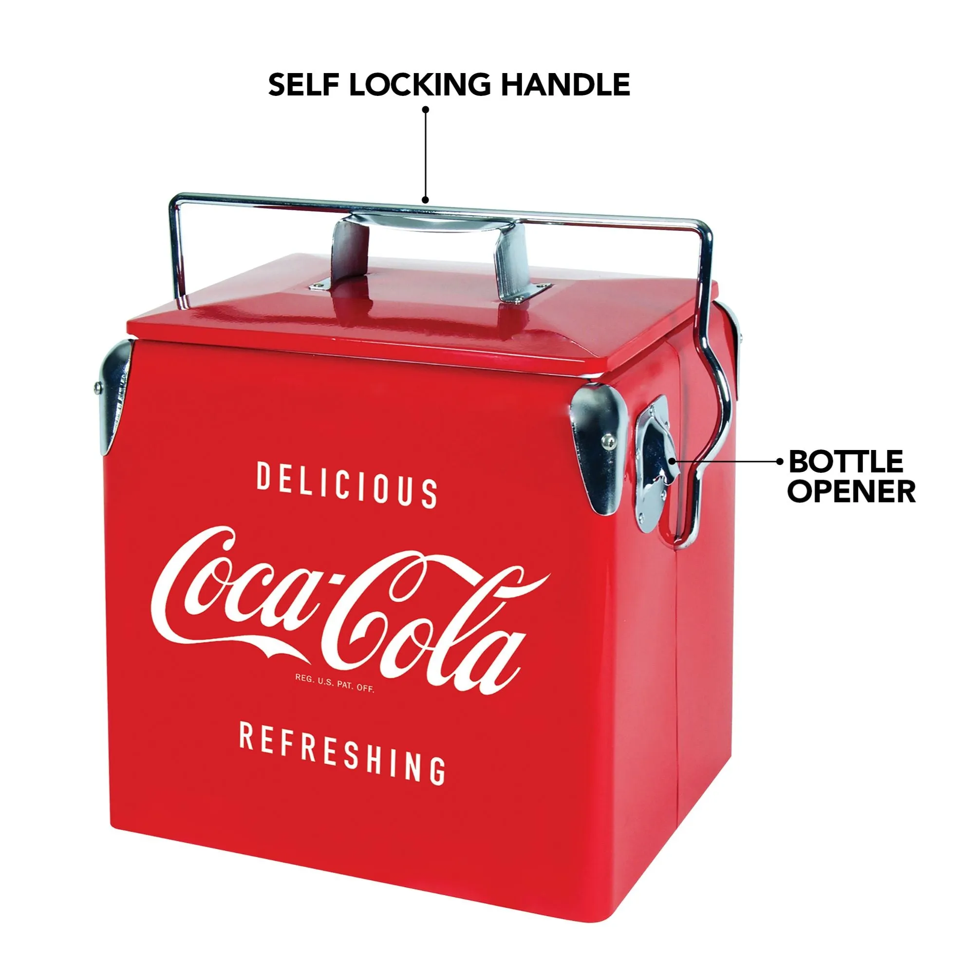 Coca-Cola Retro Ice Chest Cooler with Bottle Opener 13L (14 qt), 18 Can Capacity, Red and Silver, Vintage Style Ice Bucket for Camping, Beach, Picnic, RV, BBQs, Tailgating, Fishing