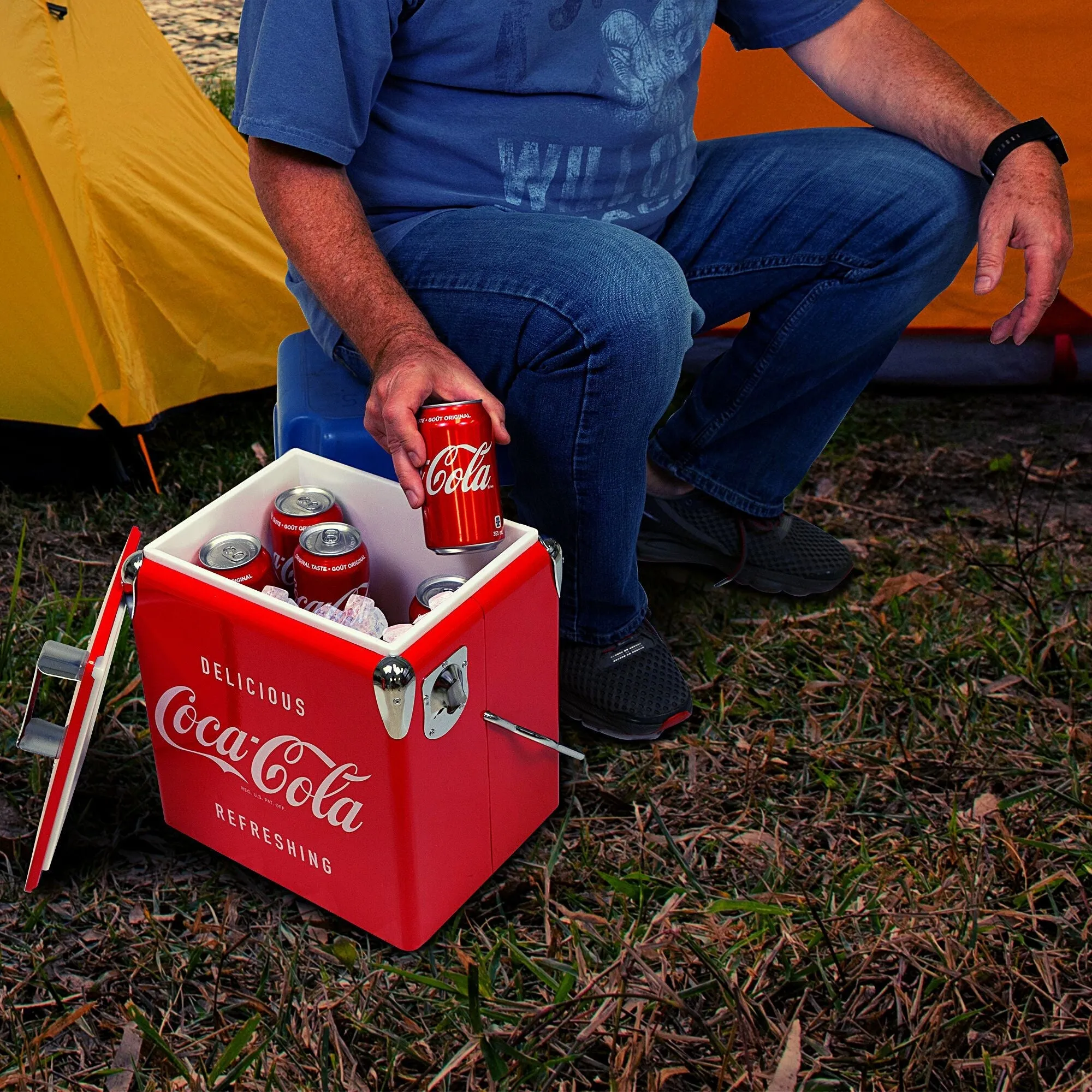 Coca-Cola Retro Ice Chest Cooler with Bottle Opener 13L (14 qt), 18 Can Capacity, Red and Silver, Vintage Style Ice Bucket for Camping, Beach, Picnic, RV, BBQs, Tailgating, Fishing