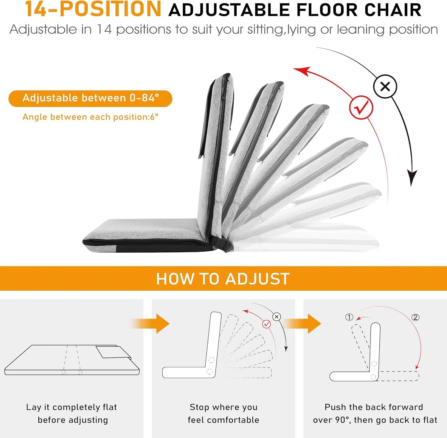 Floor Chair with Water Repellent Fabric 14-Position Adjustable Floor Chair with Back Support Portable Ground Seating for Adults Foldable Meditation Seat with Washable Cover (Light Grey)