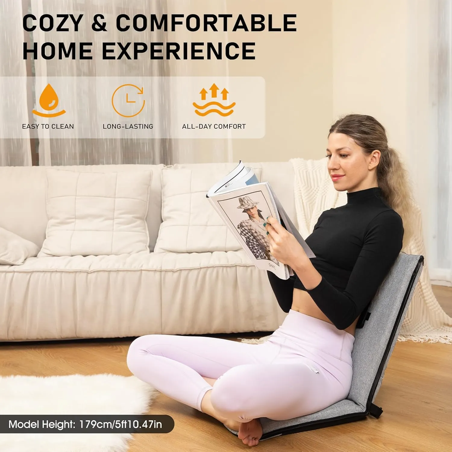 Floor Chair with Water Repellent Fabric 14-Position Adjustable Floor Chair with Back Support Portable Ground Seating for Adults Foldable Meditation Seat with Washable Cover (Light Grey)