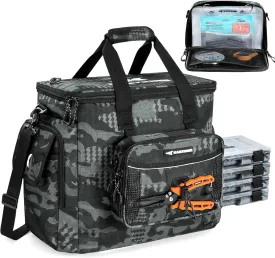 KastKing BaitSpace Fishing Tackle Bag With 4 Tackle Boxes & Removable Bait Binder, Water-Resistant Tackle Storage, Durable Fishing Gear, Adjustable Shoulder Strap