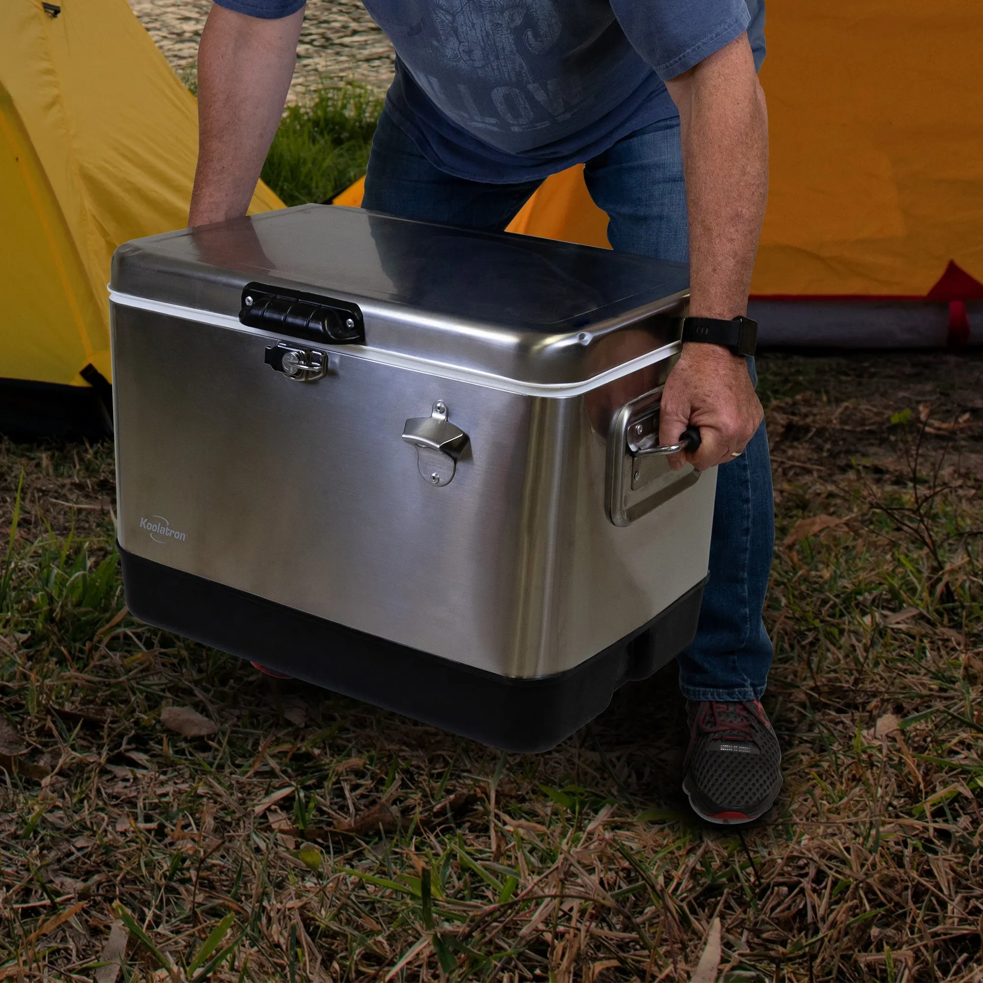 Koolatron Stainless Steel Ice Chest Cooler w/ Bottle Opener, 51 L (54 qt), 85 Can Capacity Portable Beverage Cooler, Silver and Black, for Camping, Beach, RV, BBQs, Tailgating, Fishing