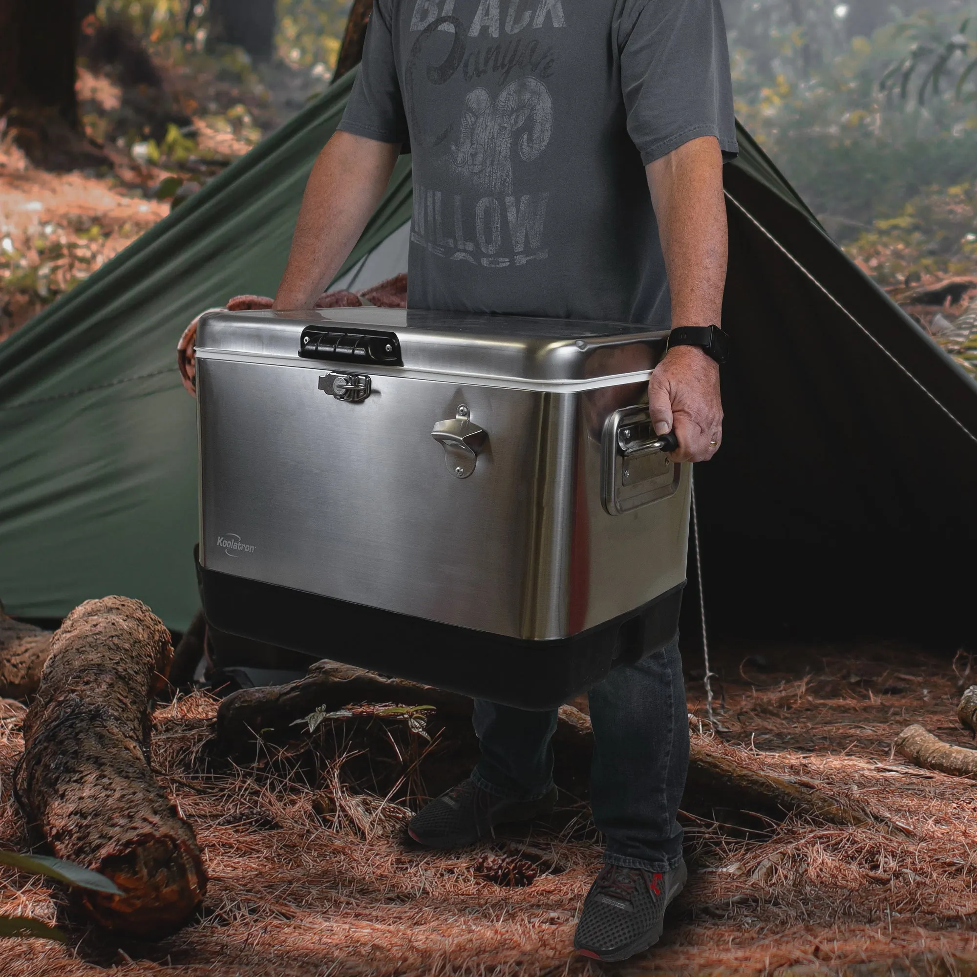 Koolatron Stainless Steel Ice Chest Cooler w/ Bottle Opener, 51 L (54 qt), 85 Can Capacity Portable Beverage Cooler, Silver and Black, for Camping, Beach, RV, BBQs, Tailgating, Fishing