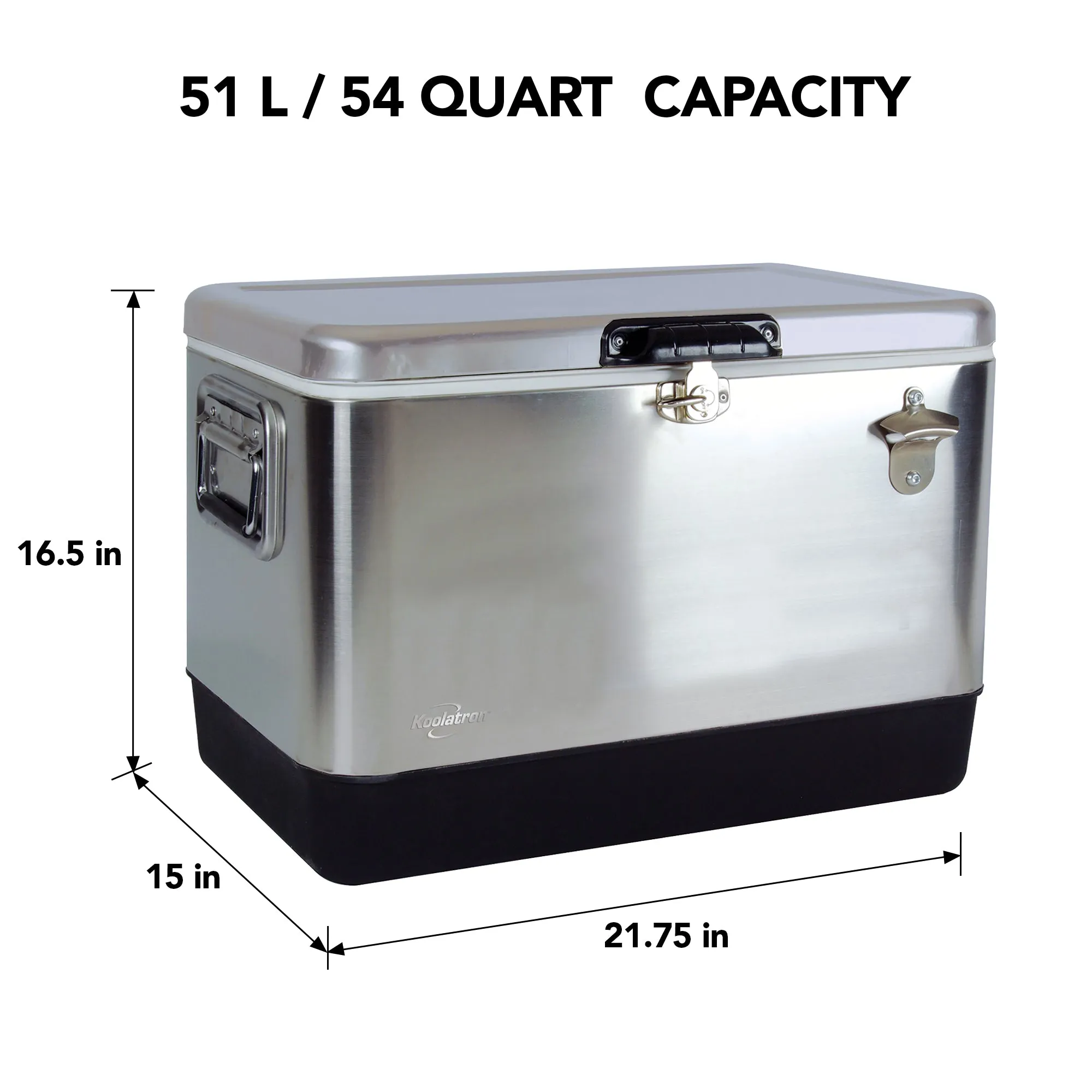 Koolatron Stainless Steel Ice Chest Cooler w/ Bottle Opener, 51 L (54 qt), 85 Can Capacity Portable Beverage Cooler, Silver and Black, for Camping, Beach, RV, BBQs, Tailgating, Fishing