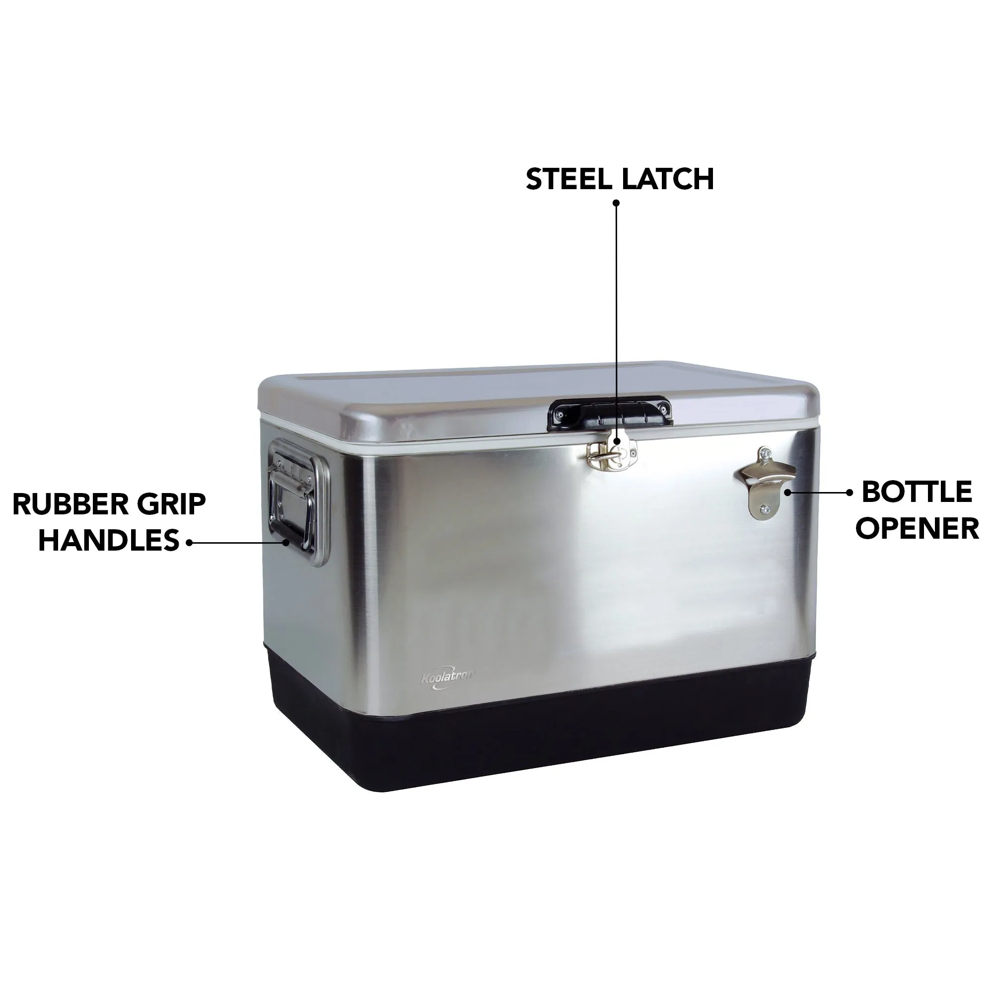 Koolatron Stainless Steel Ice Chest Cooler w/ Bottle Opener, 51 L (54 qt), 85 Can Capacity Portable Beverage Cooler, Silver and Black, for Camping, Beach, RV, BBQs, Tailgating, Fishing