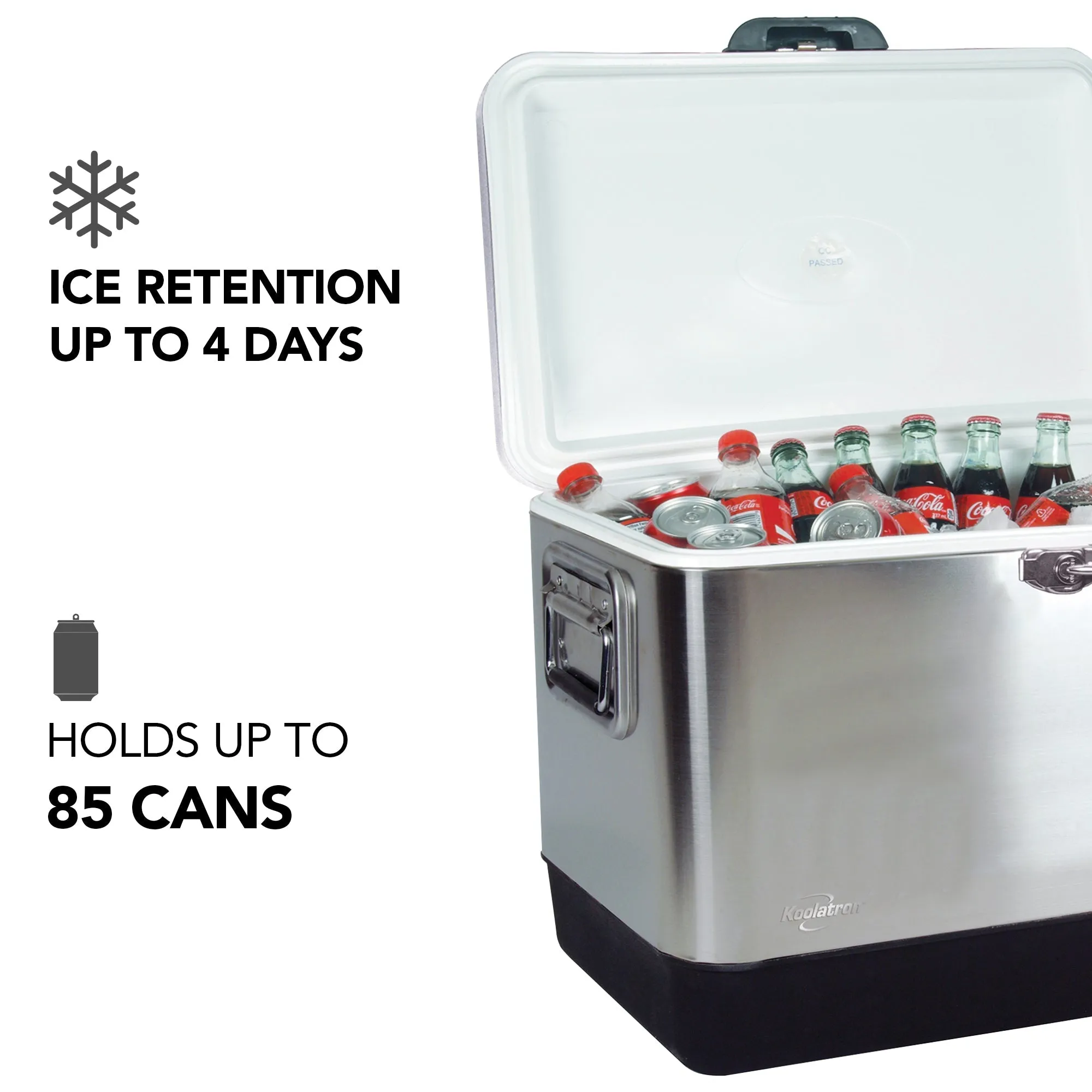 Koolatron Stainless Steel Ice Chest Cooler w/ Bottle Opener, 51 L (54 qt), 85 Can Capacity Portable Beverage Cooler, Silver and Black, for Camping, Beach, RV, BBQs, Tailgating, Fishing