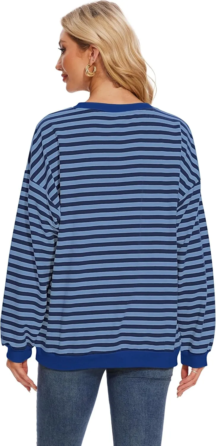 LOZ Women Striped Oversized Sweatshirt Long Sleeve Crewneck Hoodies Shirts Pullover Top Trendy Clothes with Pockets