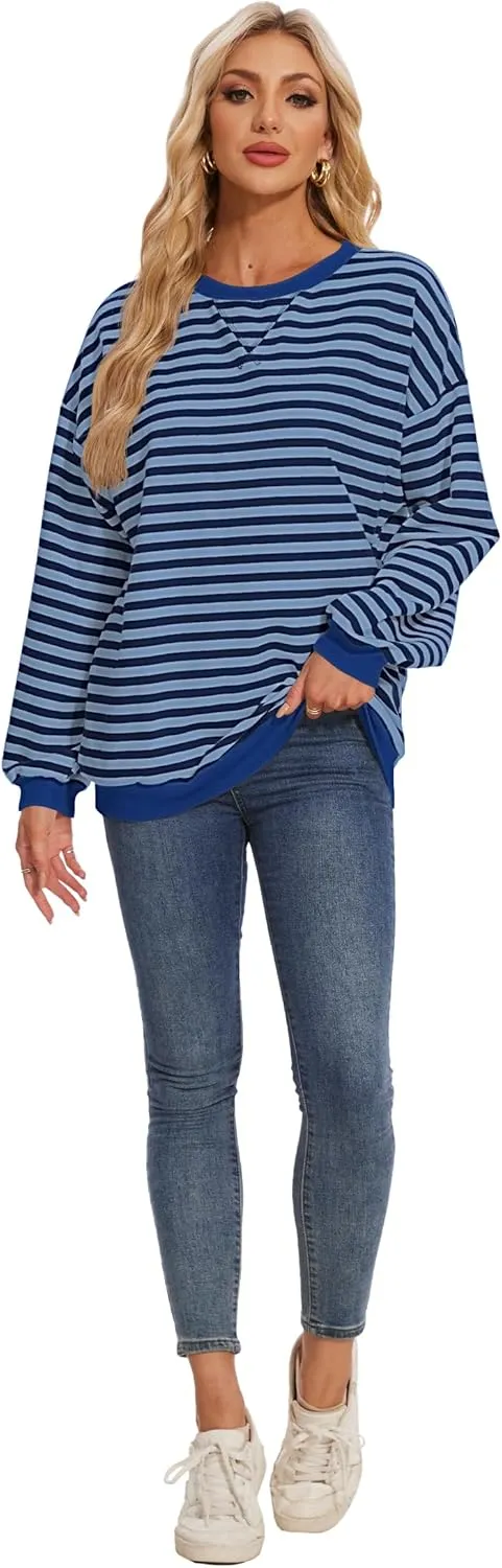 LOZ Women Striped Oversized Sweatshirt Long Sleeve Crewneck Hoodies Shirts Pullover Top Trendy Clothes with Pockets