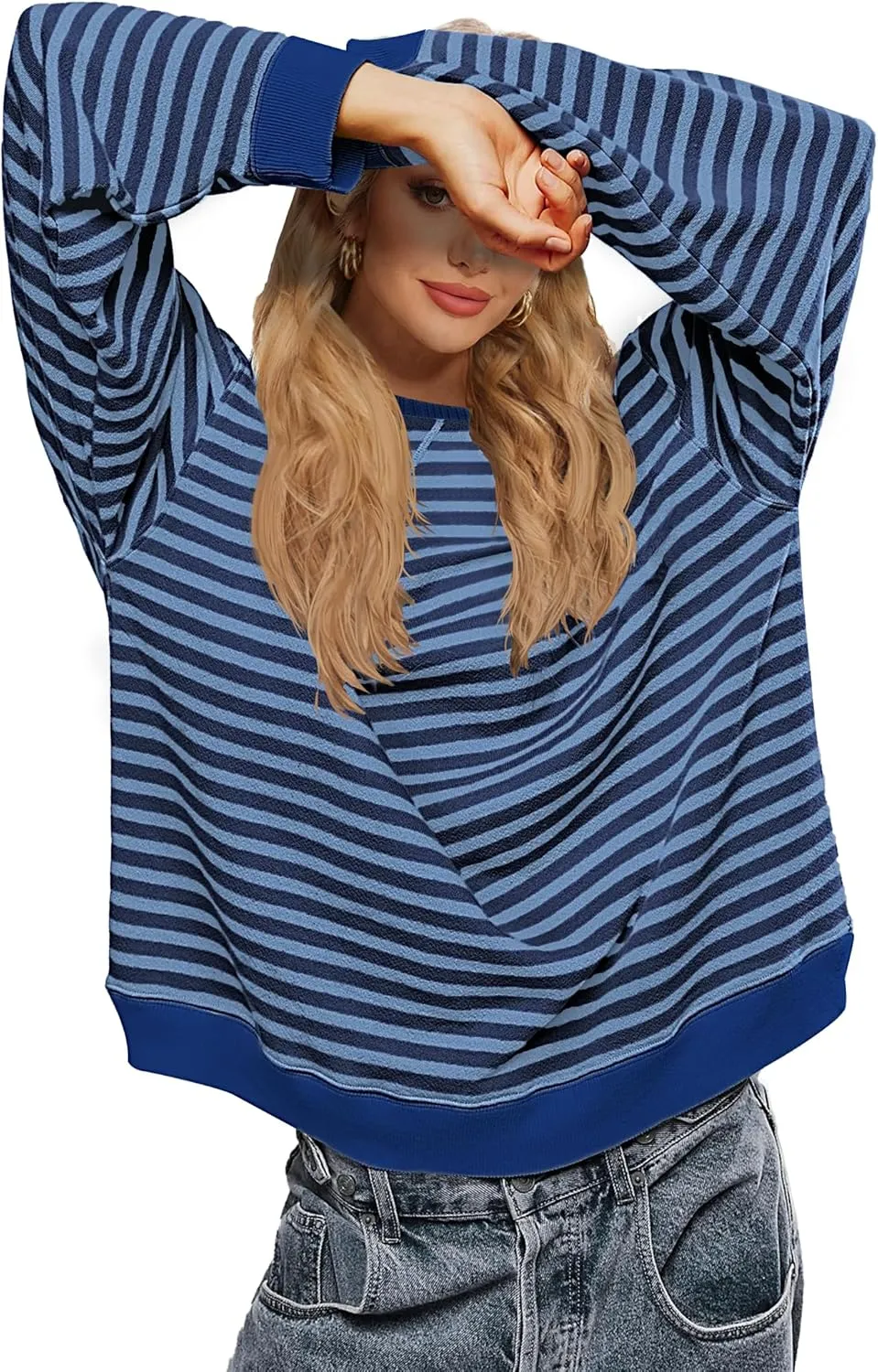 LOZ Women Striped Oversized Sweatshirt Long Sleeve Crewneck Hoodies Shirts Pullover Top Trendy Clothes with Pockets