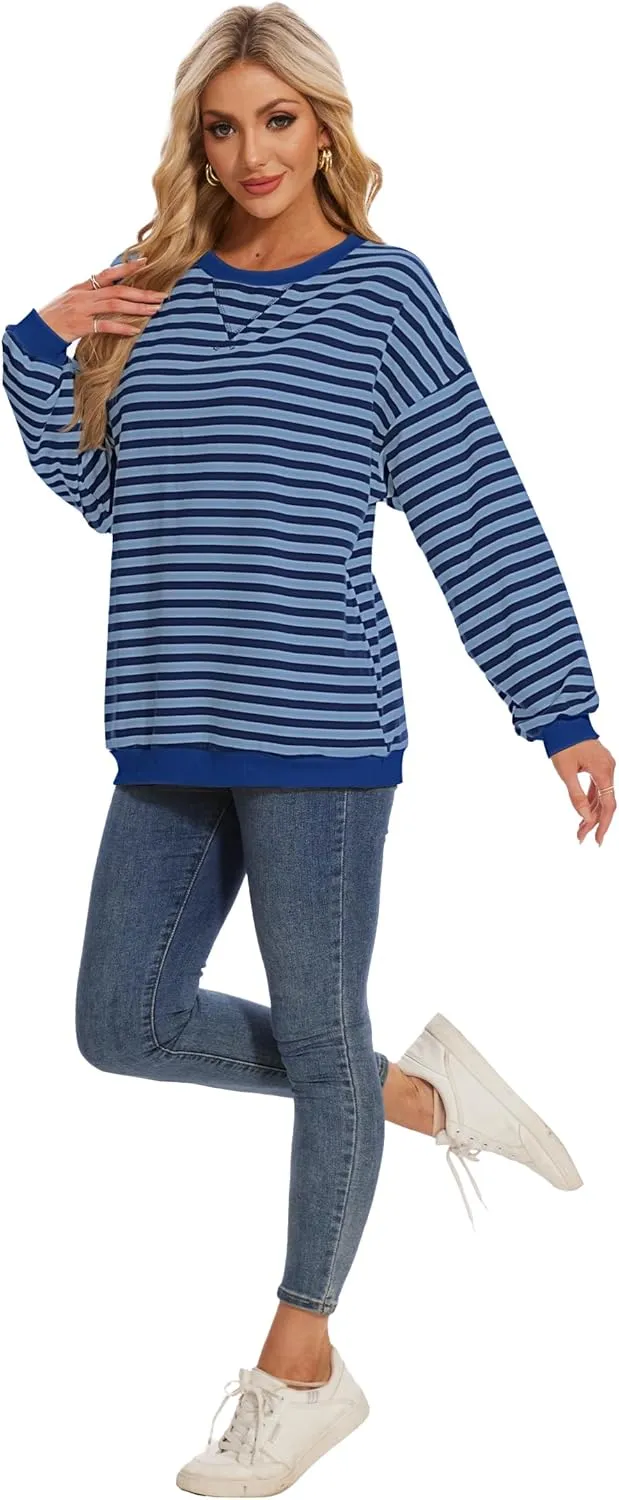 LOZ Women Striped Oversized Sweatshirt Long Sleeve Crewneck Hoodies Shirts Pullover Top Trendy Clothes with Pockets