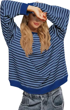 LOZ Women Striped Oversized Sweatshirt Long Sleeve Crewneck Hoodies Shirts Pullover Top Trendy Clothes with Pockets