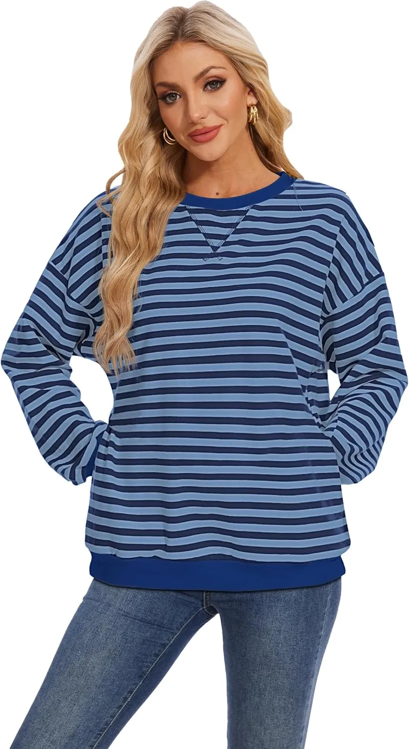 LOZ Women Striped Oversized Sweatshirt Long Sleeve Crewneck Hoodies Shirts Pullover Top Trendy Clothes with Pockets