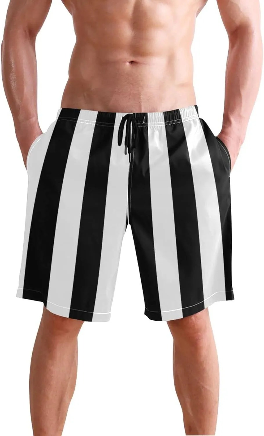 Men's Quick Dry Swim Trunks with Pockets Red and White Striped Beach Swimwear Board Shorts