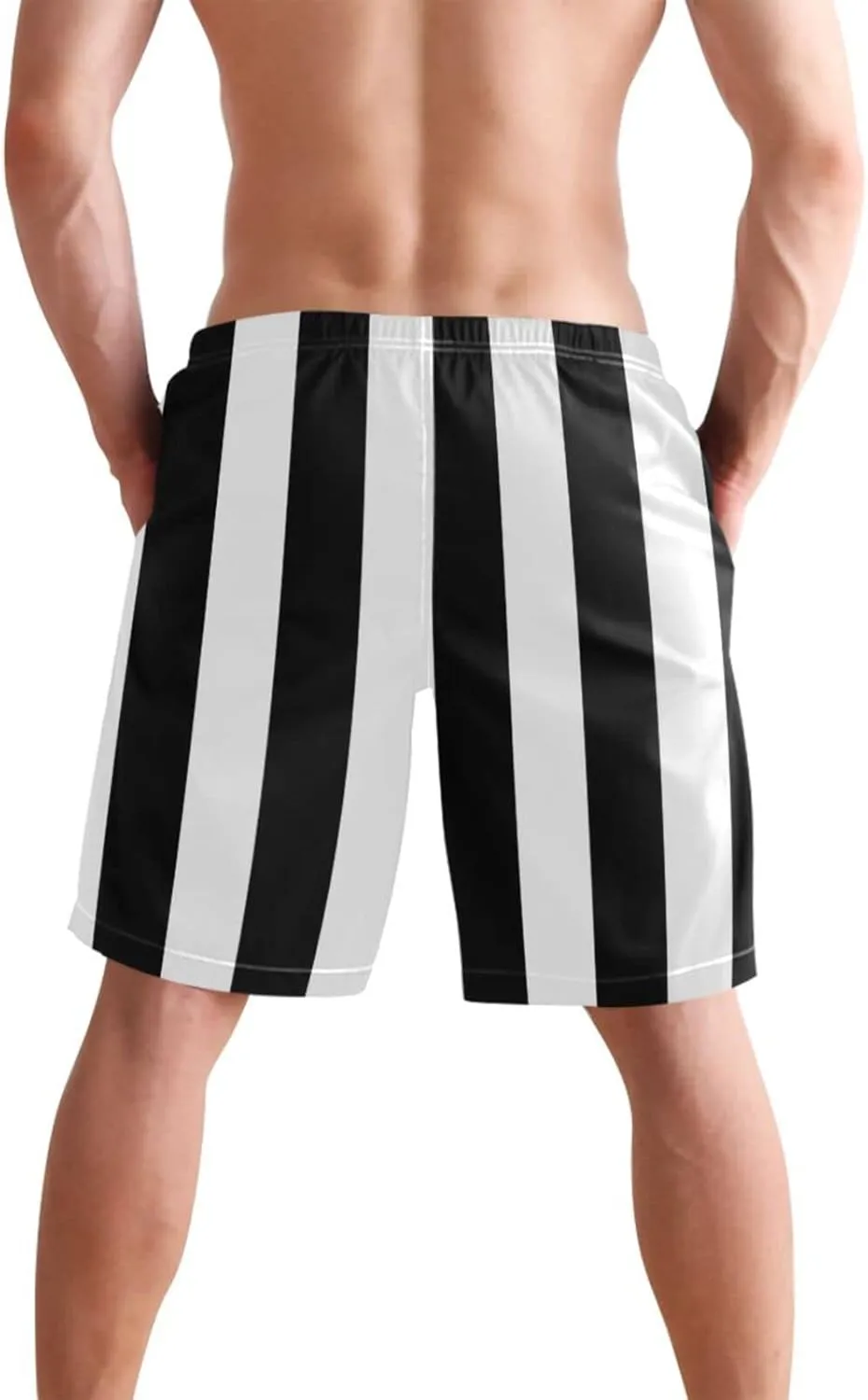 Men's Quick Dry Swim Trunks with Pockets Red and White Striped Beach Swimwear Board Shorts