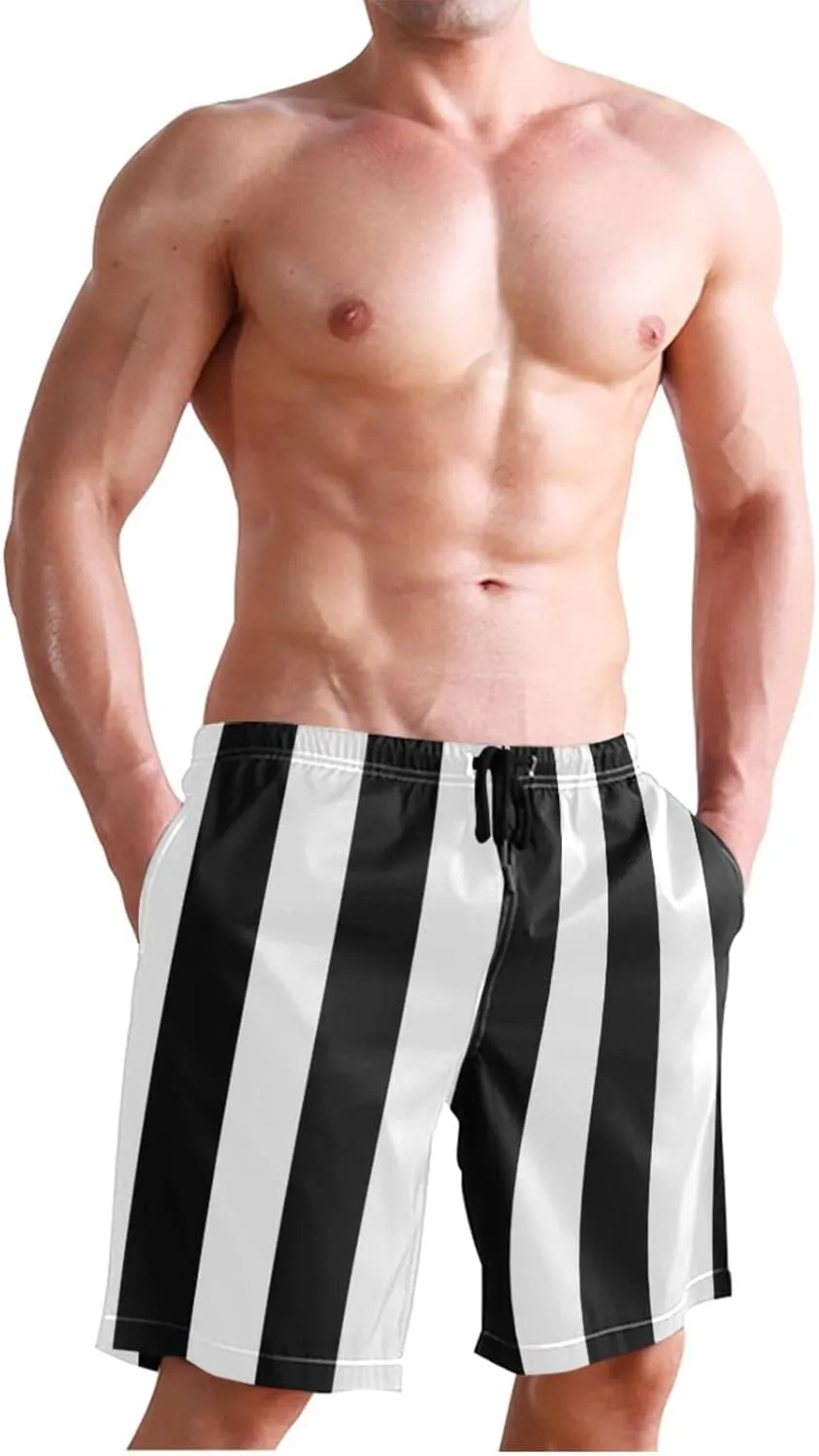 Men's Quick Dry Swim Trunks with Pockets Red and White Striped Beach Swimwear Board Shorts