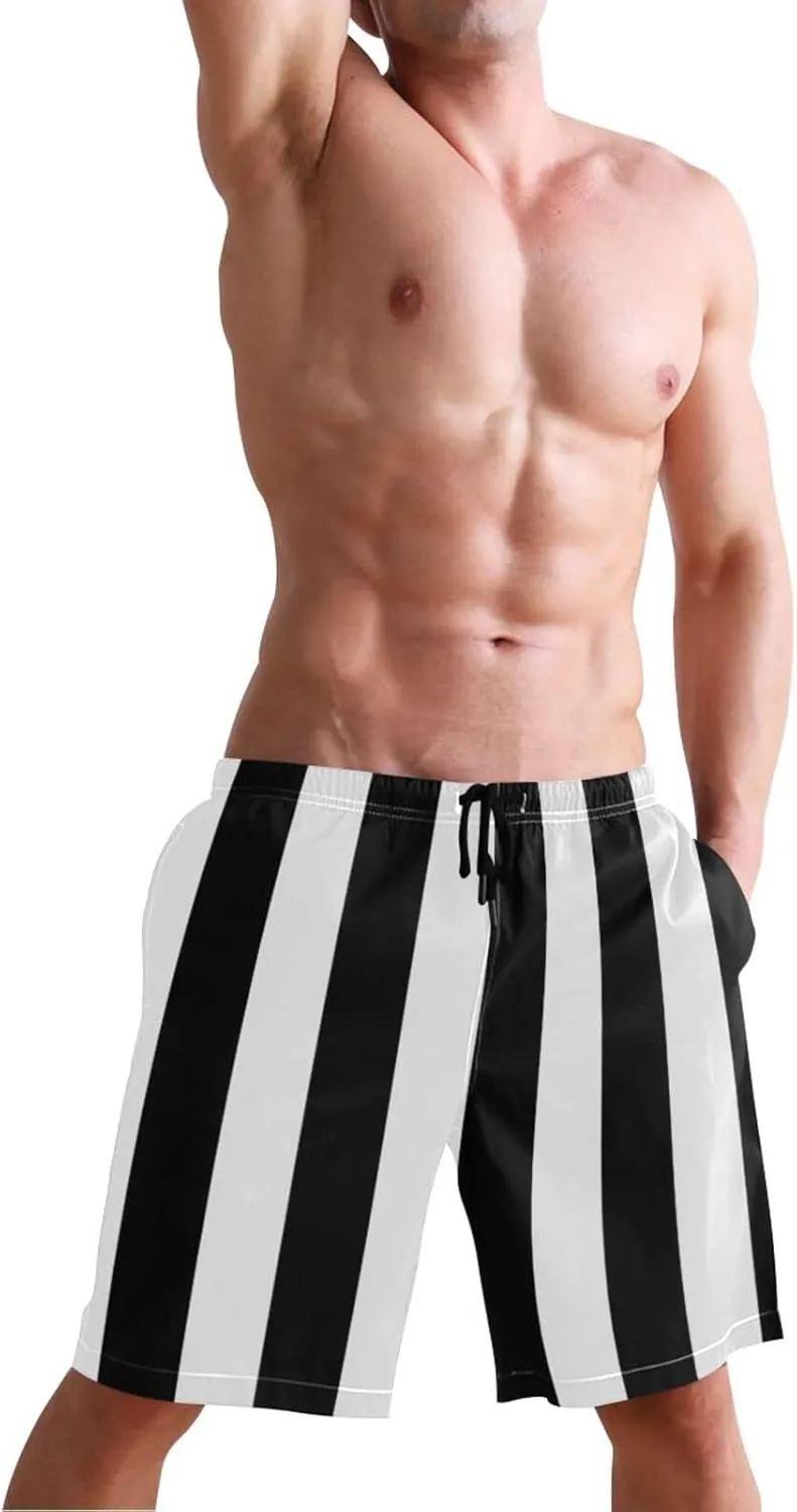 Men's Quick Dry Swim Trunks with Pockets Red and White Striped Beach Swimwear Board Shorts