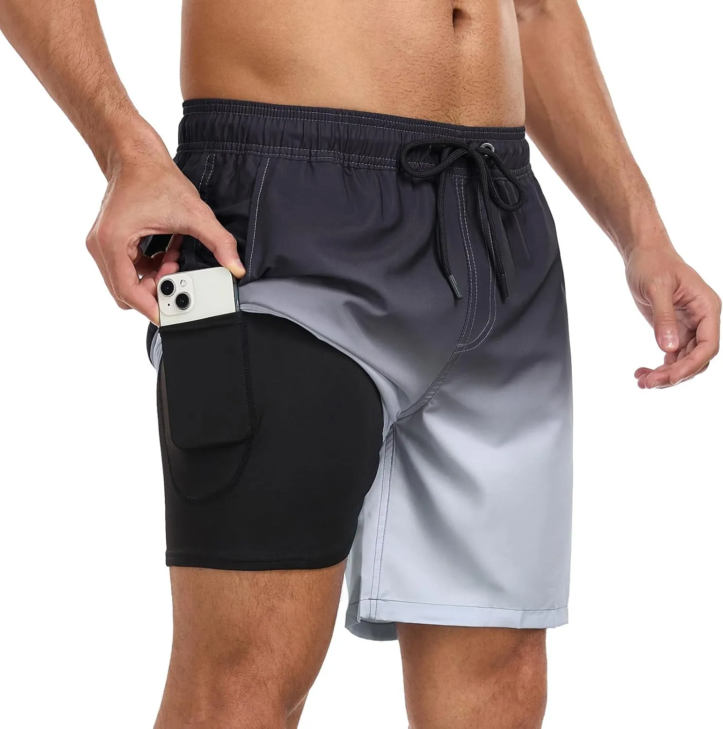 Mens Swim Trunks with Compression Liner 7 Inch Swim Shorts 2 in 1 Quick Dry Board Shorts Beach Wear