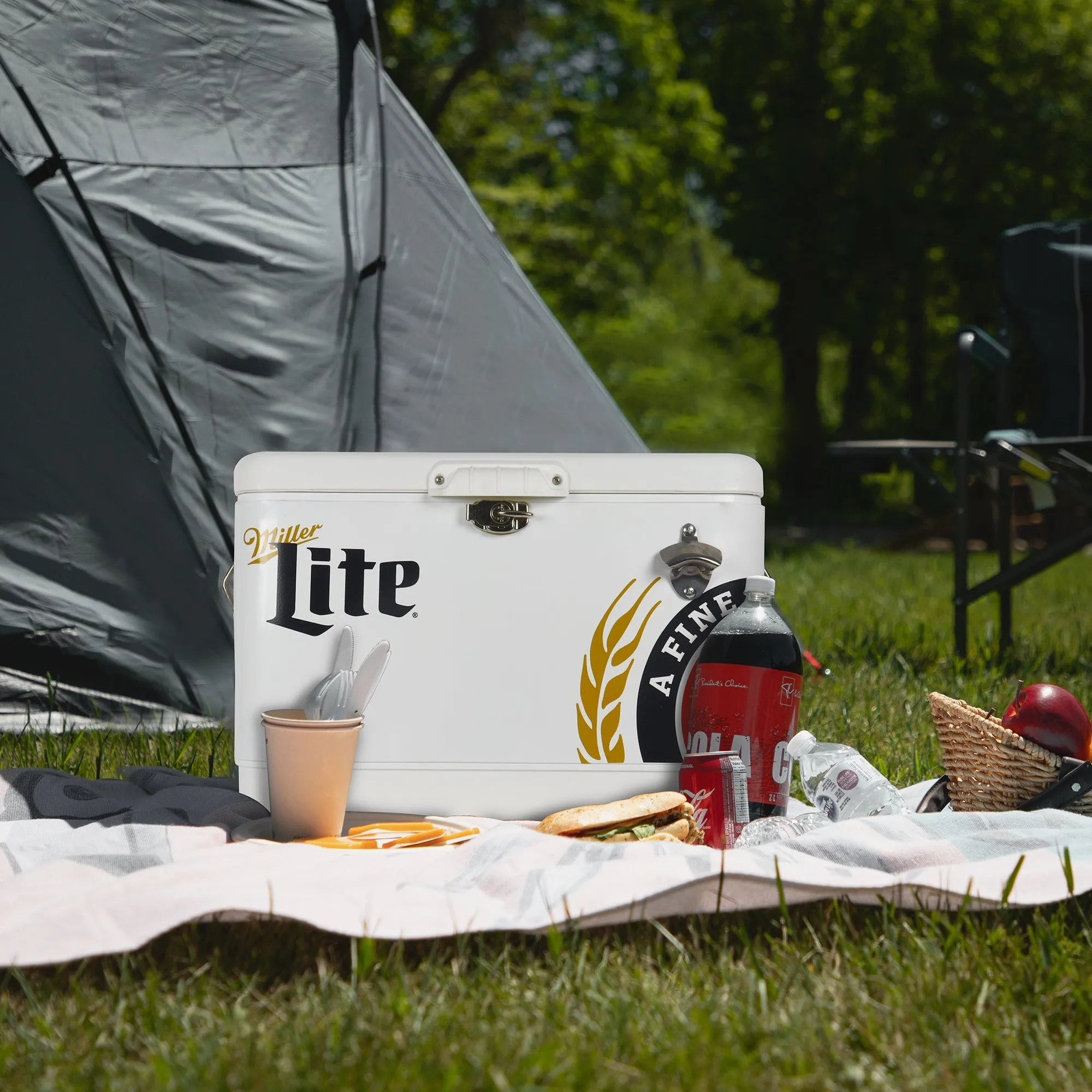 Miller Lite Ice Chest Beverage Cooler with Bottle Opener, 51L (54 qt), 85 Can Steel-Belted Portable Cooler, White and Black, for Camping, Beach, RV, BBQs, Tailgating, Fishing