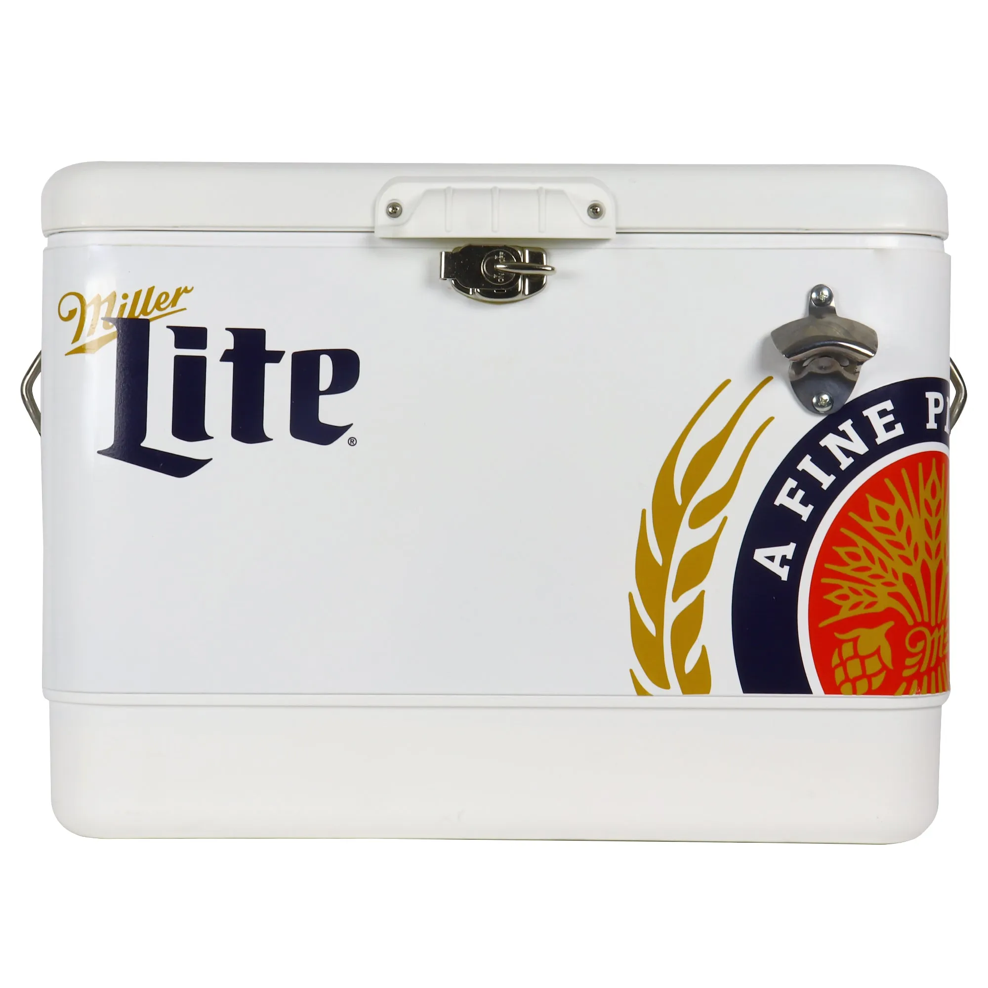 Miller Lite Ice Chest Beverage Cooler with Bottle Opener, 51L (54 qt), 85 Can Steel-Belted Portable Cooler, White and Black, for Camping, Beach, RV, BBQs, Tailgating, Fishing