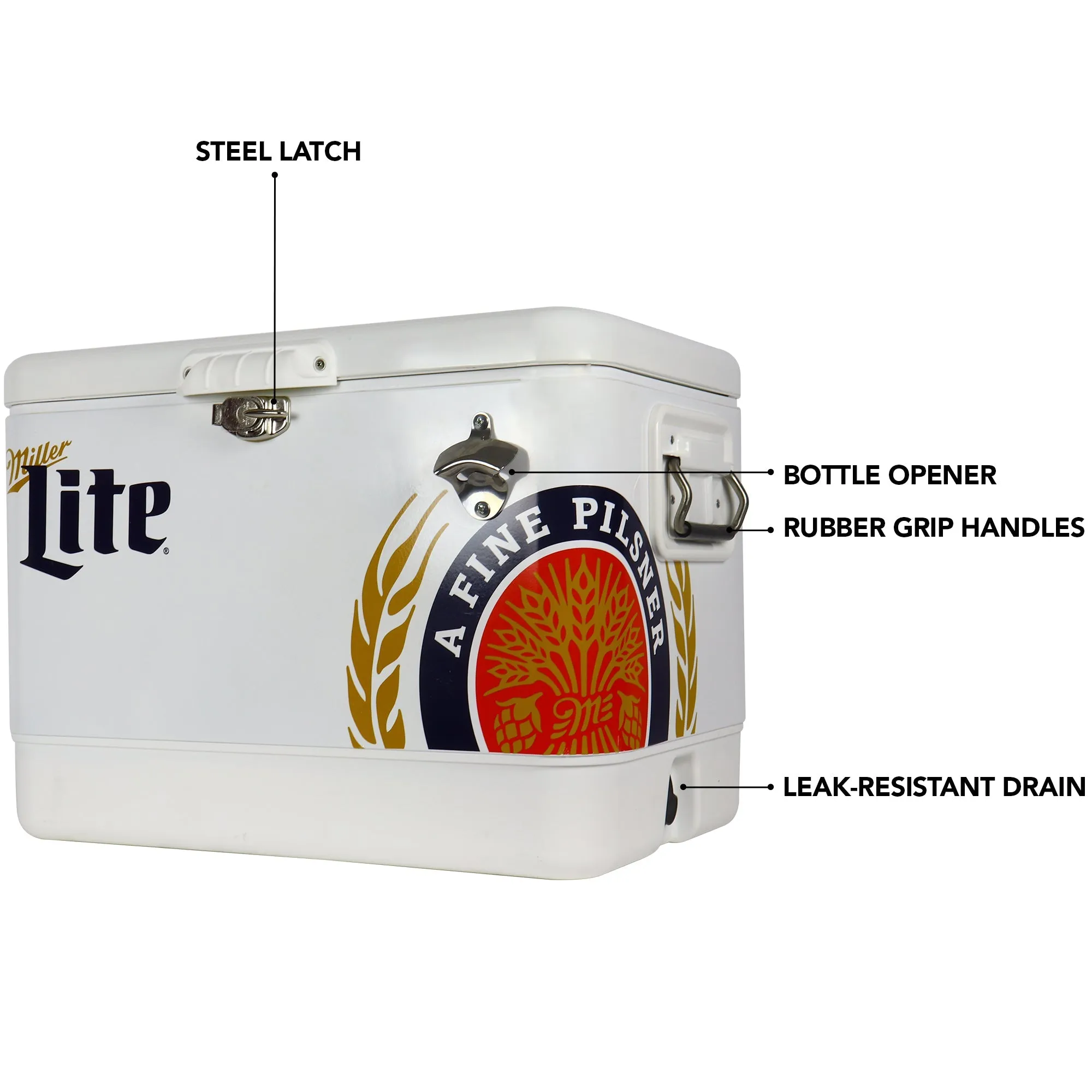 Miller Lite Ice Chest Beverage Cooler with Bottle Opener, 51L (54 qt), 85 Can Steel-Belted Portable Cooler, White and Black, for Camping, Beach, RV, BBQs, Tailgating, Fishing