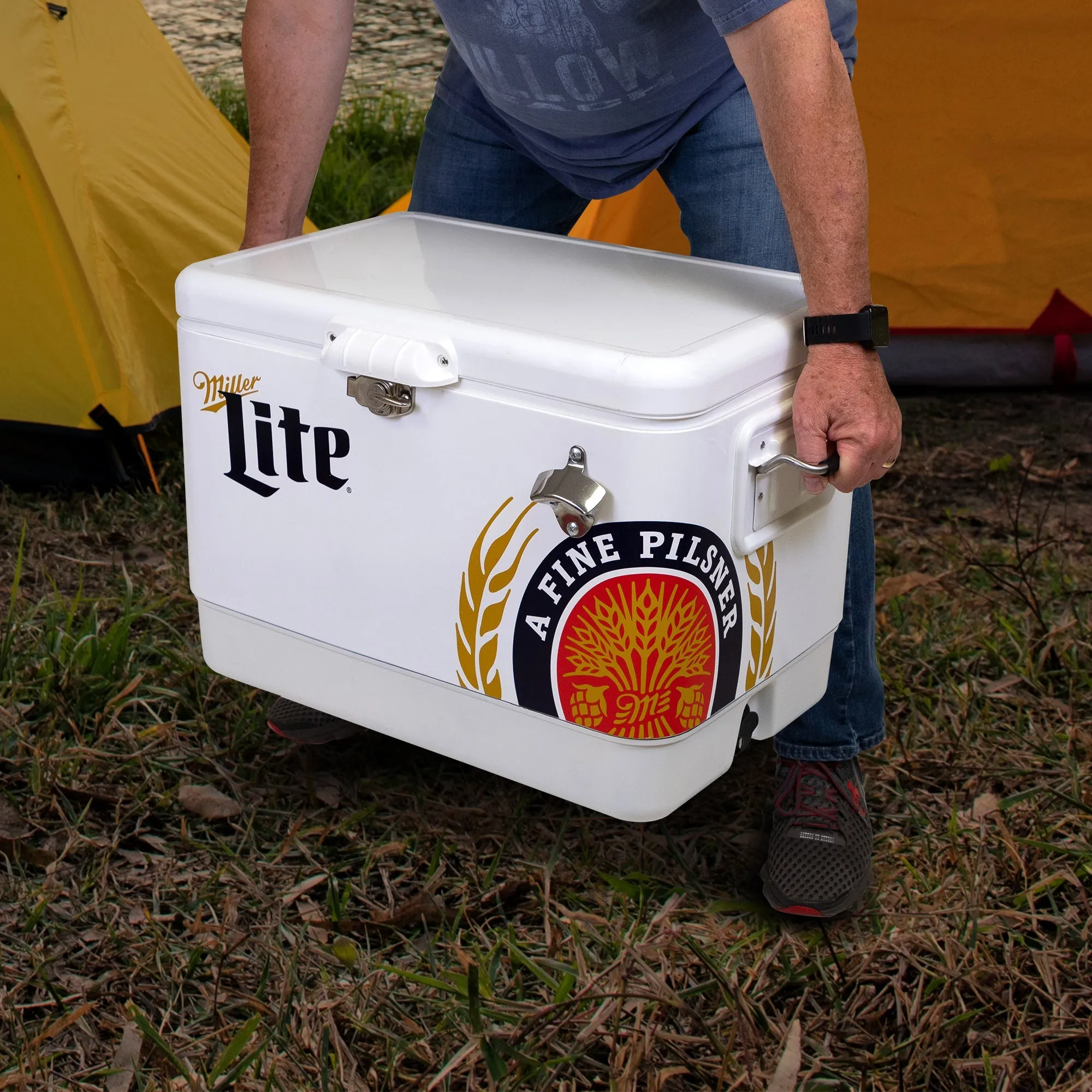 Miller Lite Ice Chest Beverage Cooler with Bottle Opener, 51L (54 qt), 85 Can Steel-Belted Portable Cooler, White and Black, for Camping, Beach, RV, BBQs, Tailgating, Fishing