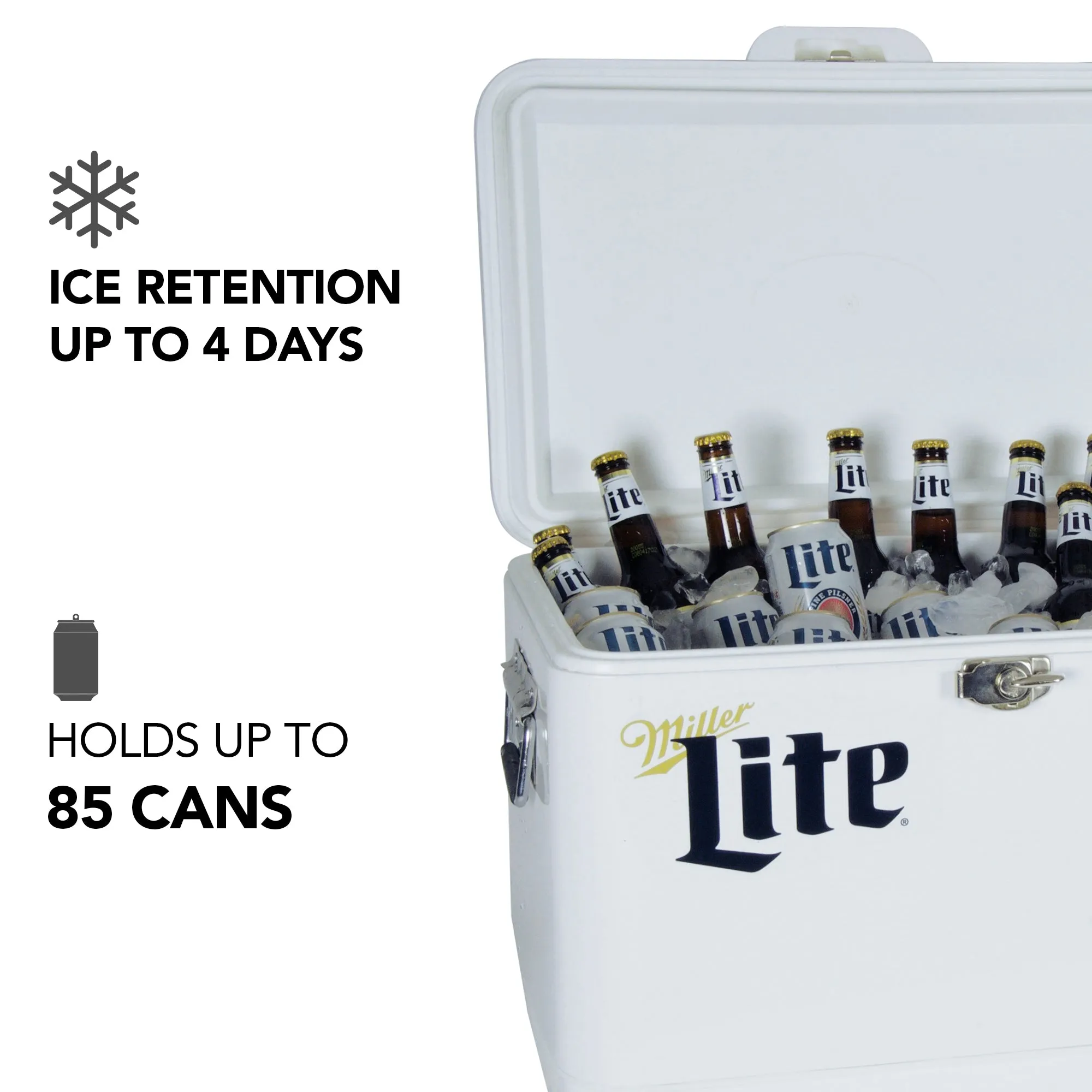 Miller Lite Ice Chest Beverage Cooler with Bottle Opener, 51L (54 qt), 85 Can Steel-Belted Portable Cooler, White and Black, for Camping, Beach, RV, BBQs, Tailgating, Fishing