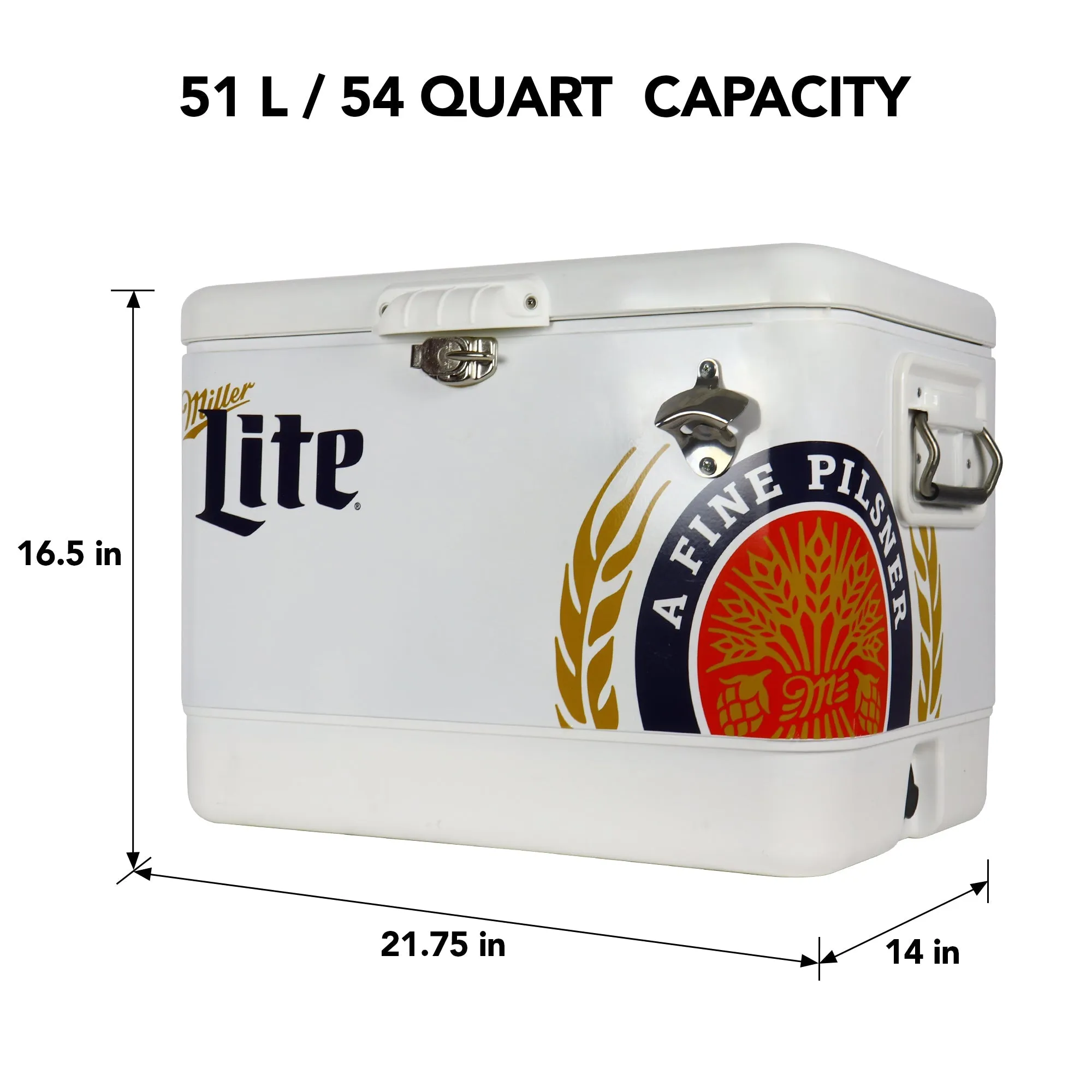 Miller Lite Ice Chest Beverage Cooler with Bottle Opener, 51L (54 qt), 85 Can Steel-Belted Portable Cooler, White and Black, for Camping, Beach, RV, BBQs, Tailgating, Fishing