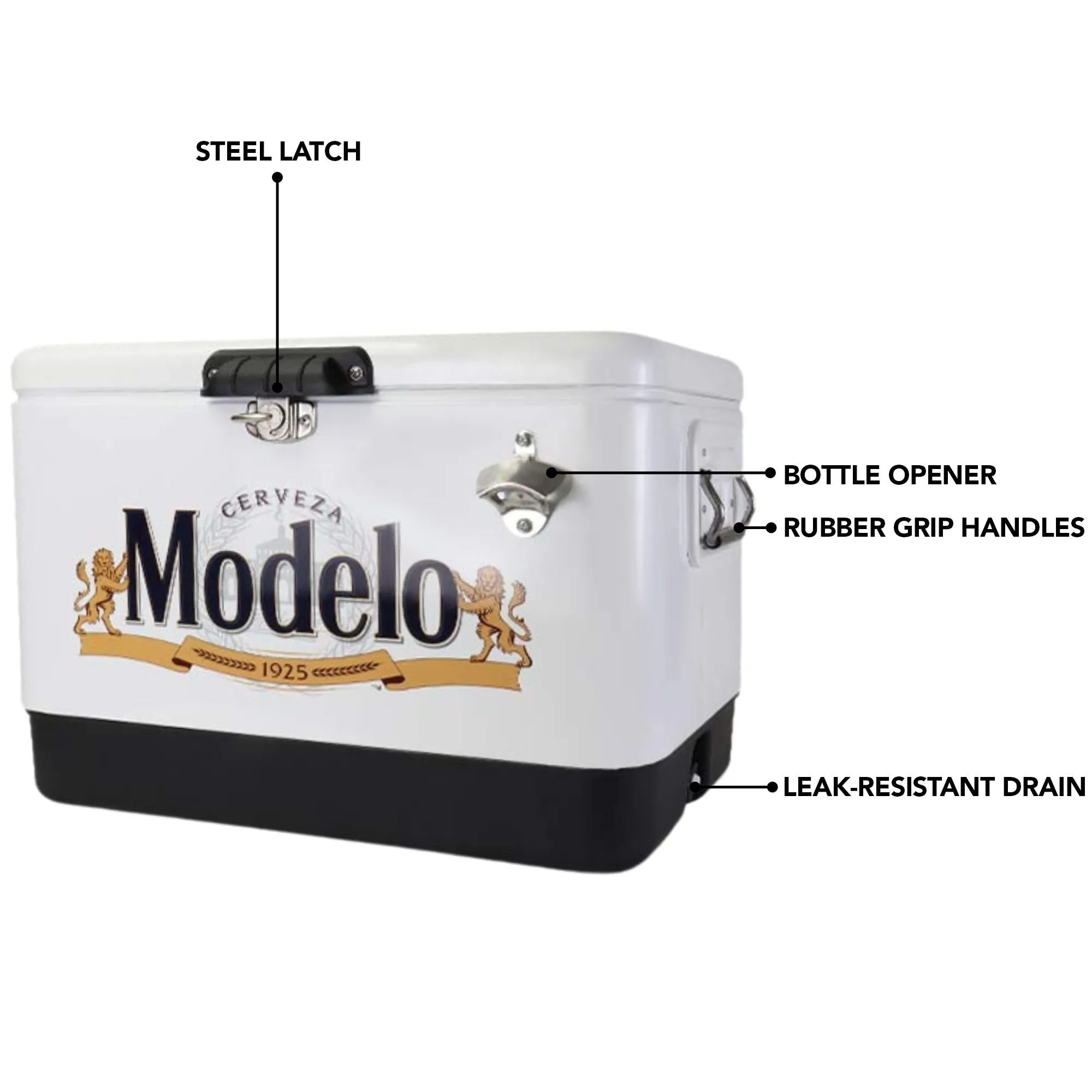 Modelo Ice Chest Beverage Cooler with Bottle Opener, 51L (54 qt), 85 Can Steel-Belted Portable Cooler, White and Black, for Camping, Beach, RV, BBQs, Tailgating, Fishing
