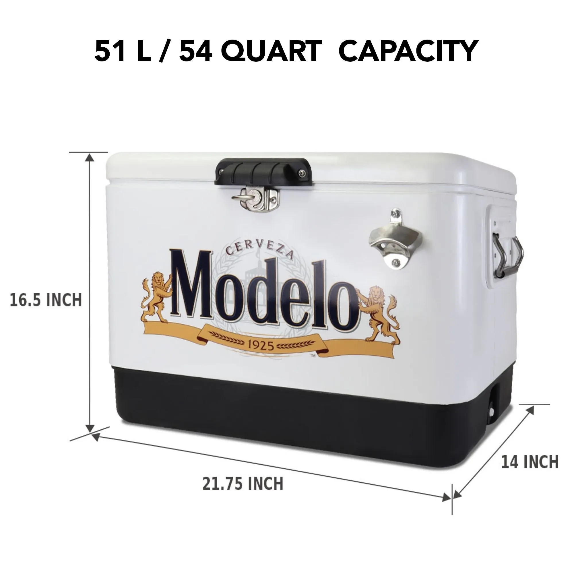 Modelo Ice Chest Beverage Cooler with Bottle Opener, 51L (54 qt), 85 Can Steel-Belted Portable Cooler, White and Black, for Camping, Beach, RV, BBQs, Tailgating, Fishing