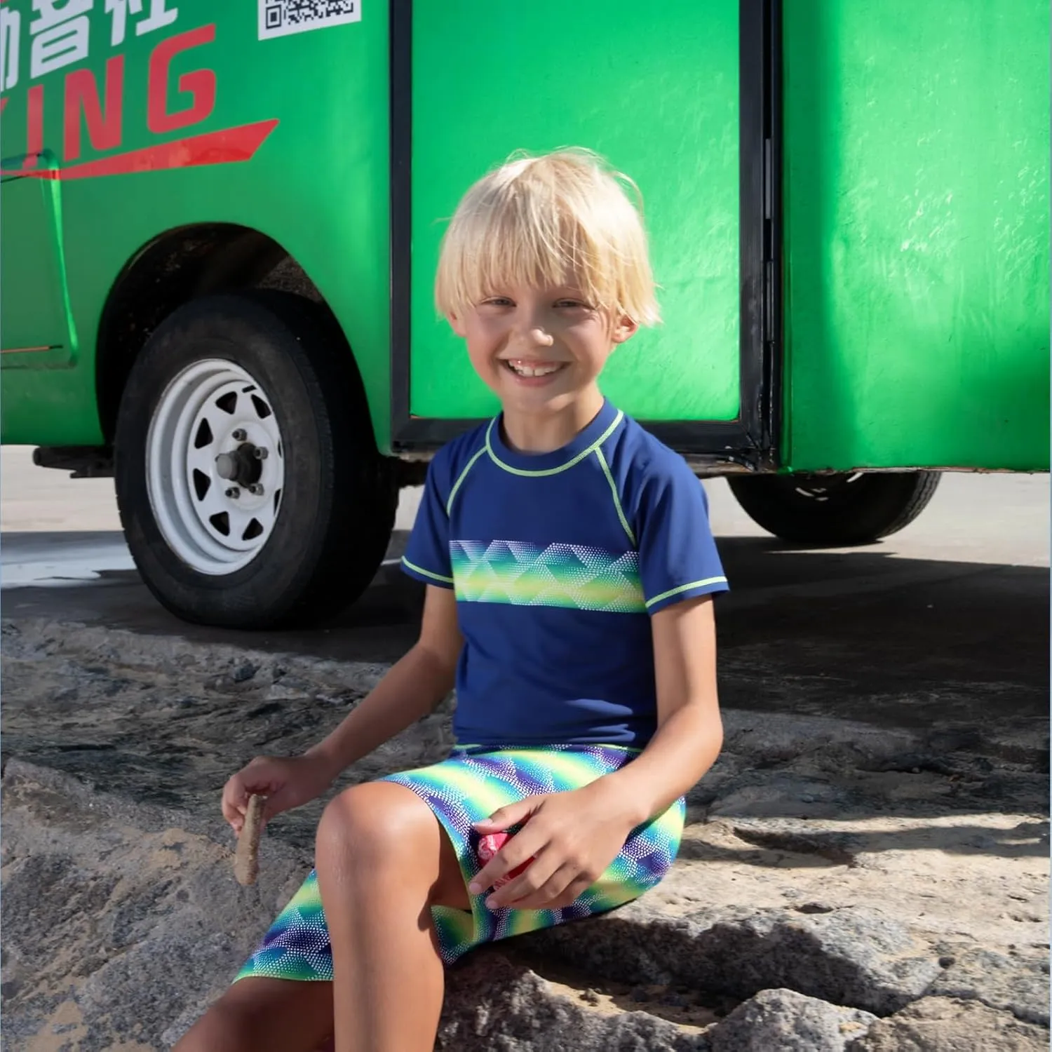 Moon Tree Boys Rash Guard Set for Boys 2 Piece Swimsuits Short Sleeve Bathing Suits with Trunks Quick Dry Swim Shirts