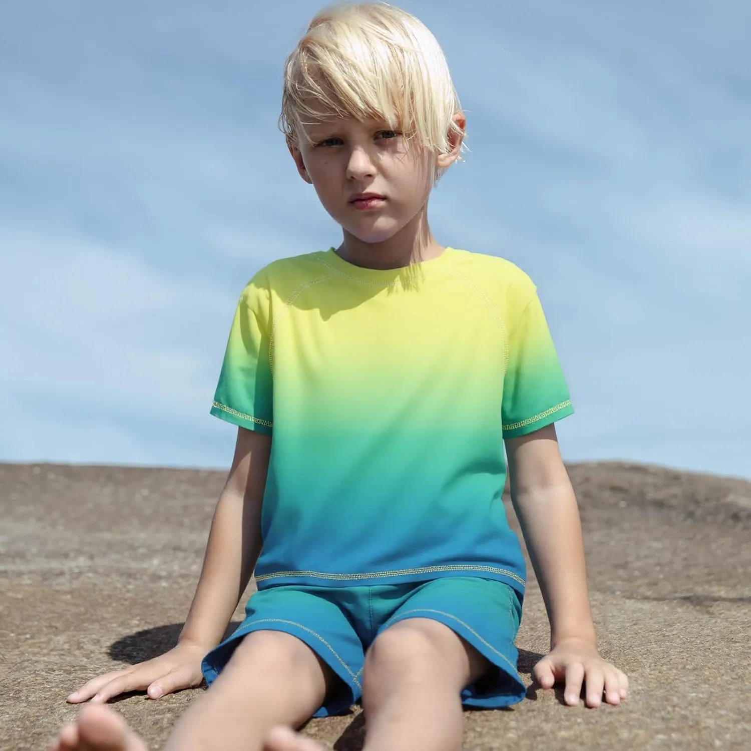 Moon Tree Boys Rash Guard Set for Boys 2 Piece Swimsuits Short Sleeve Bathing Suits with Trunks Quick Dry Swim Shirts